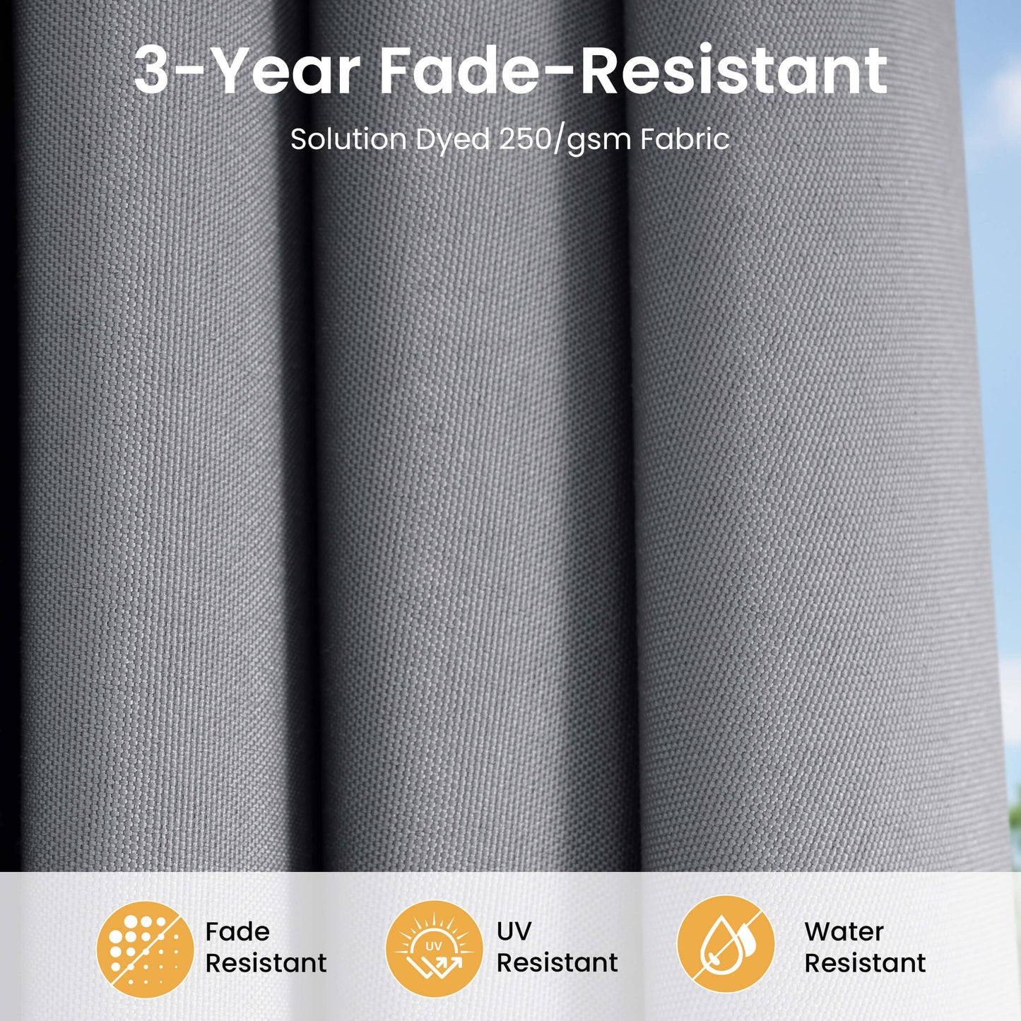 3-year fade-resistant 250gsm solution dyed fabric details on a 15x9 ft dark grey market umbrella.