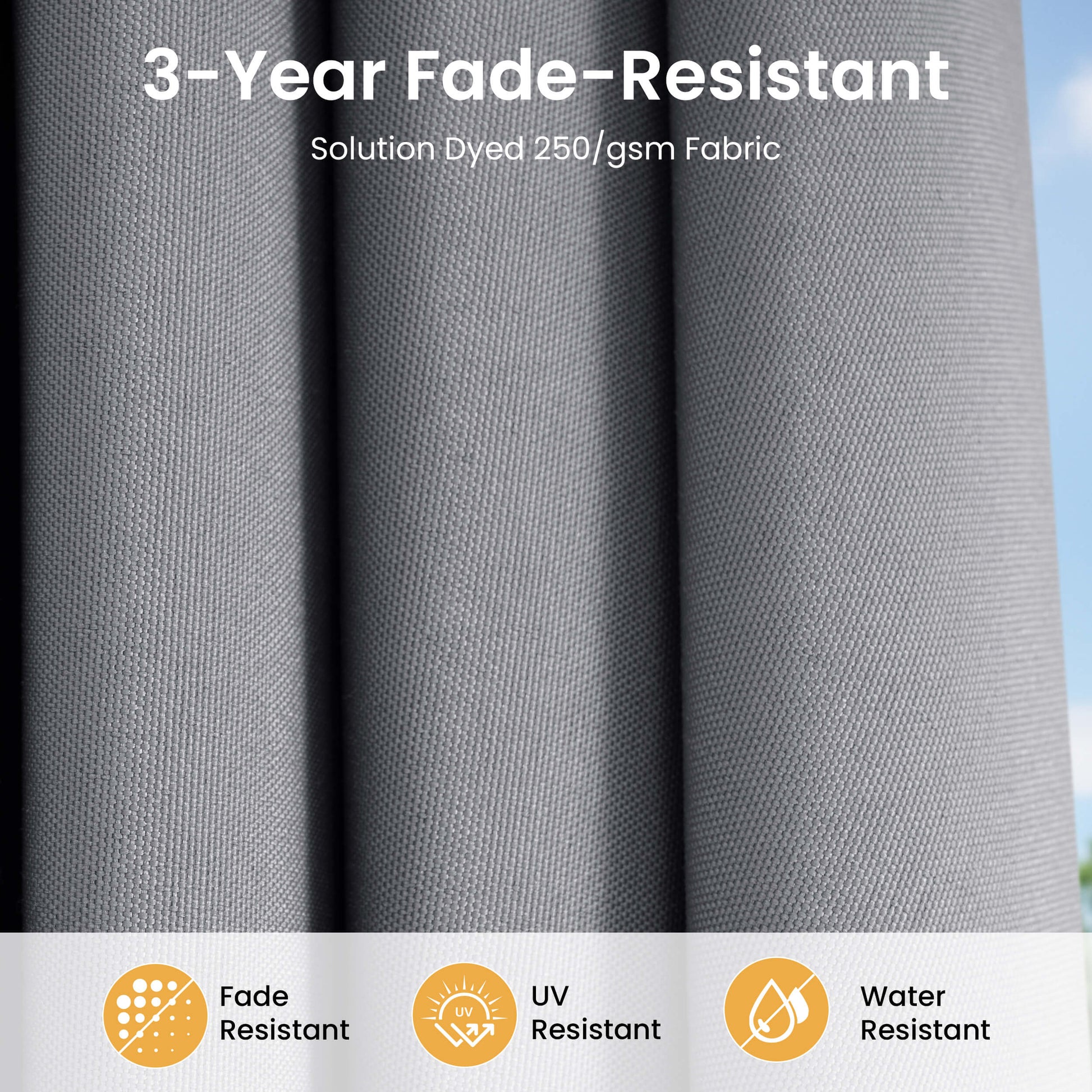 3-year fade-resistant 250gsm solution dyed fabric details on a 15x9 ft dark grey market umbrella.