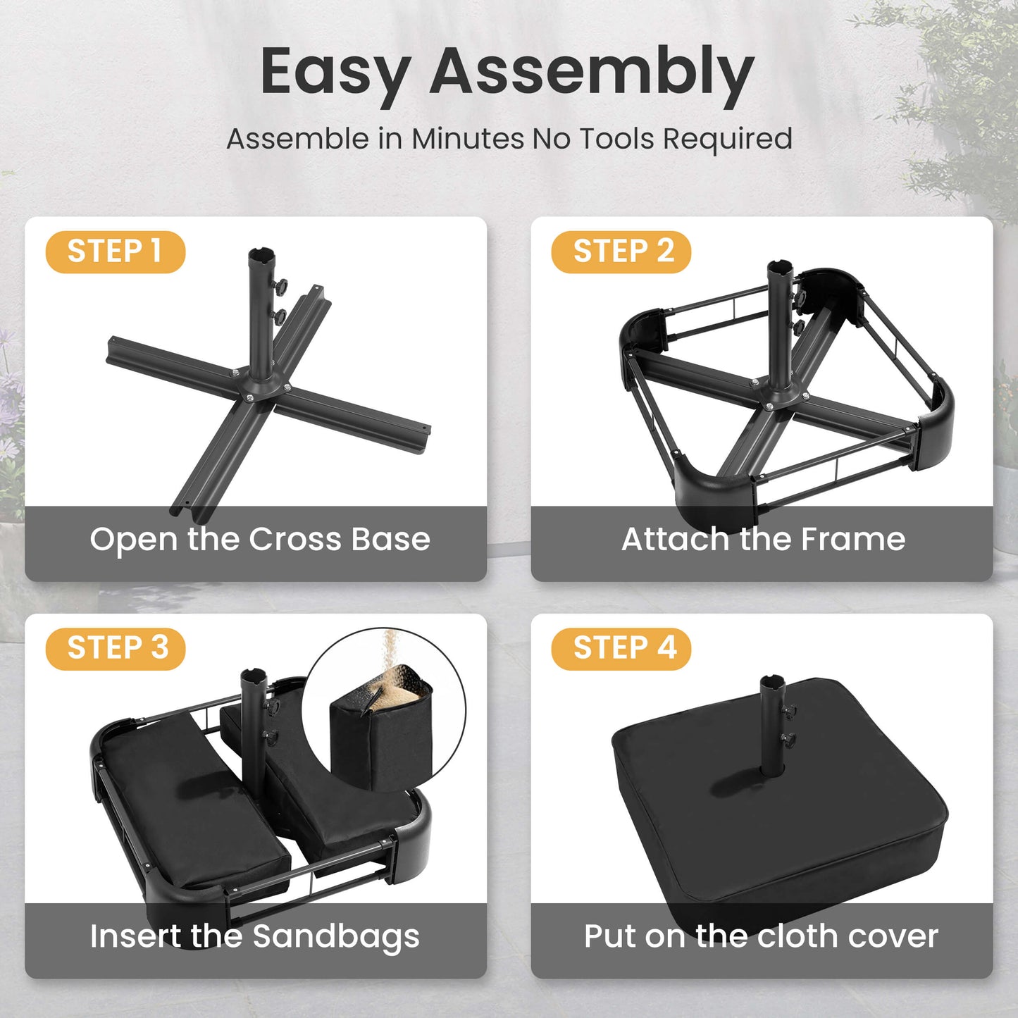 Easy 4-step assembly details for a 15x9 ft market umbrella stand cross base with sandbags and cloth cover.