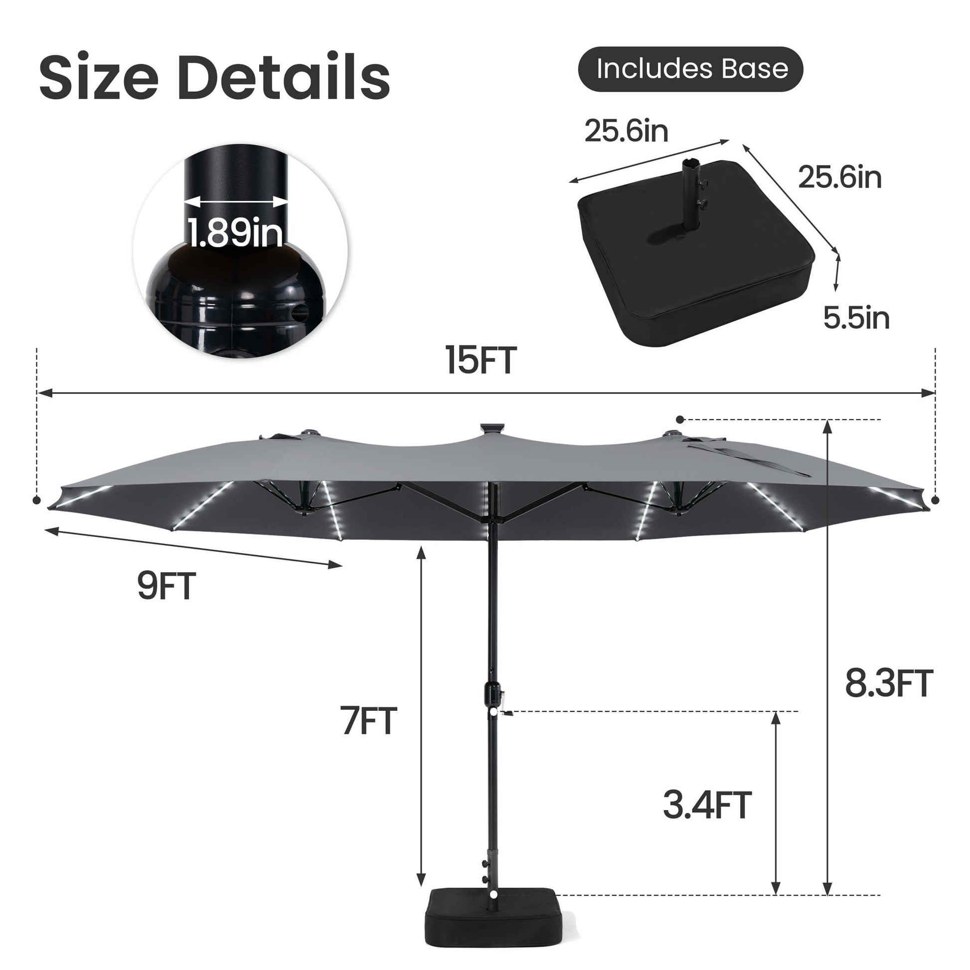Size details of 15x9 ft dark grey double-sided market umbrella, 8.3ft high with 1.89in pole and included stand base.