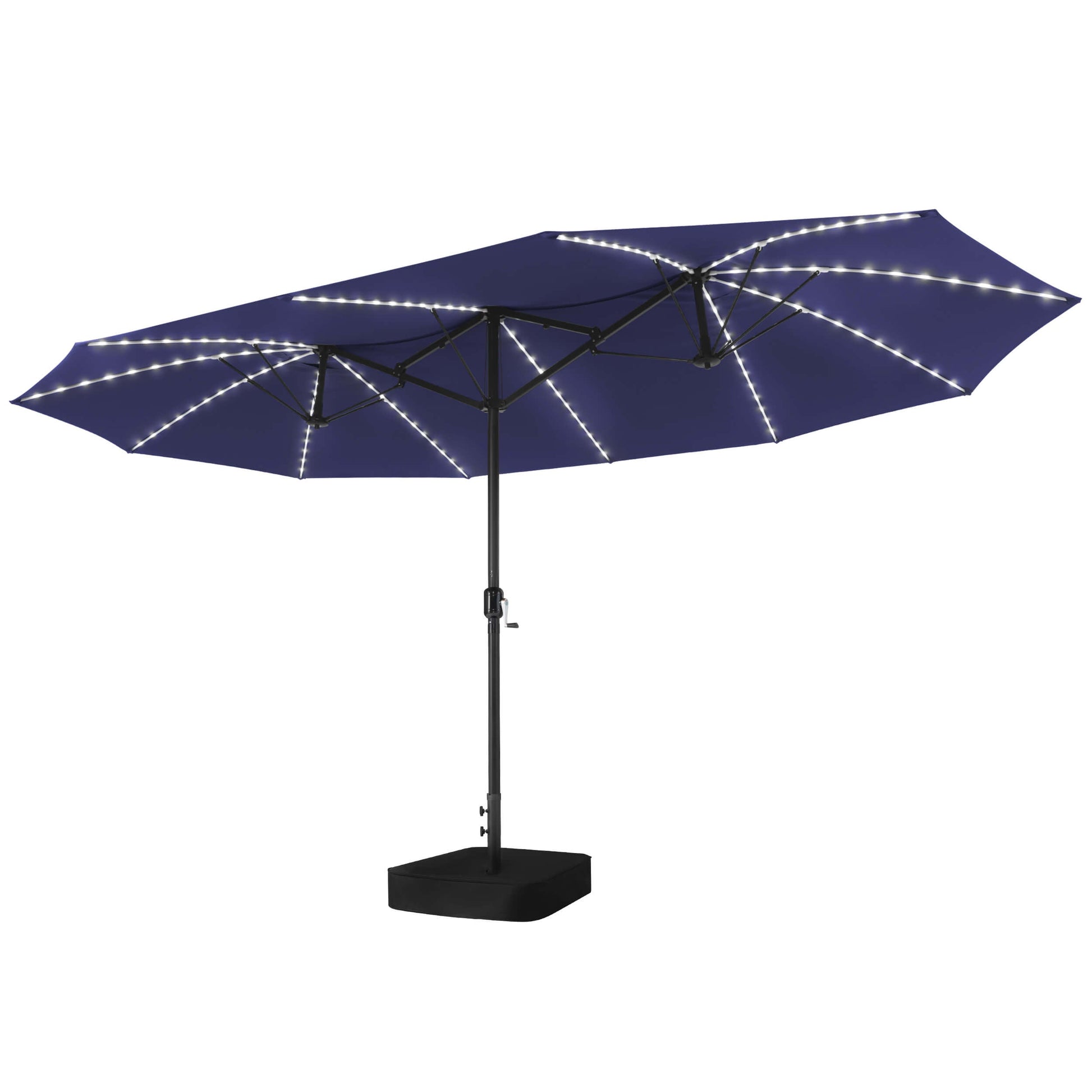 15x9 ft navy double-sided market umbrella with built-in solar LED lights, metal frame and base details.