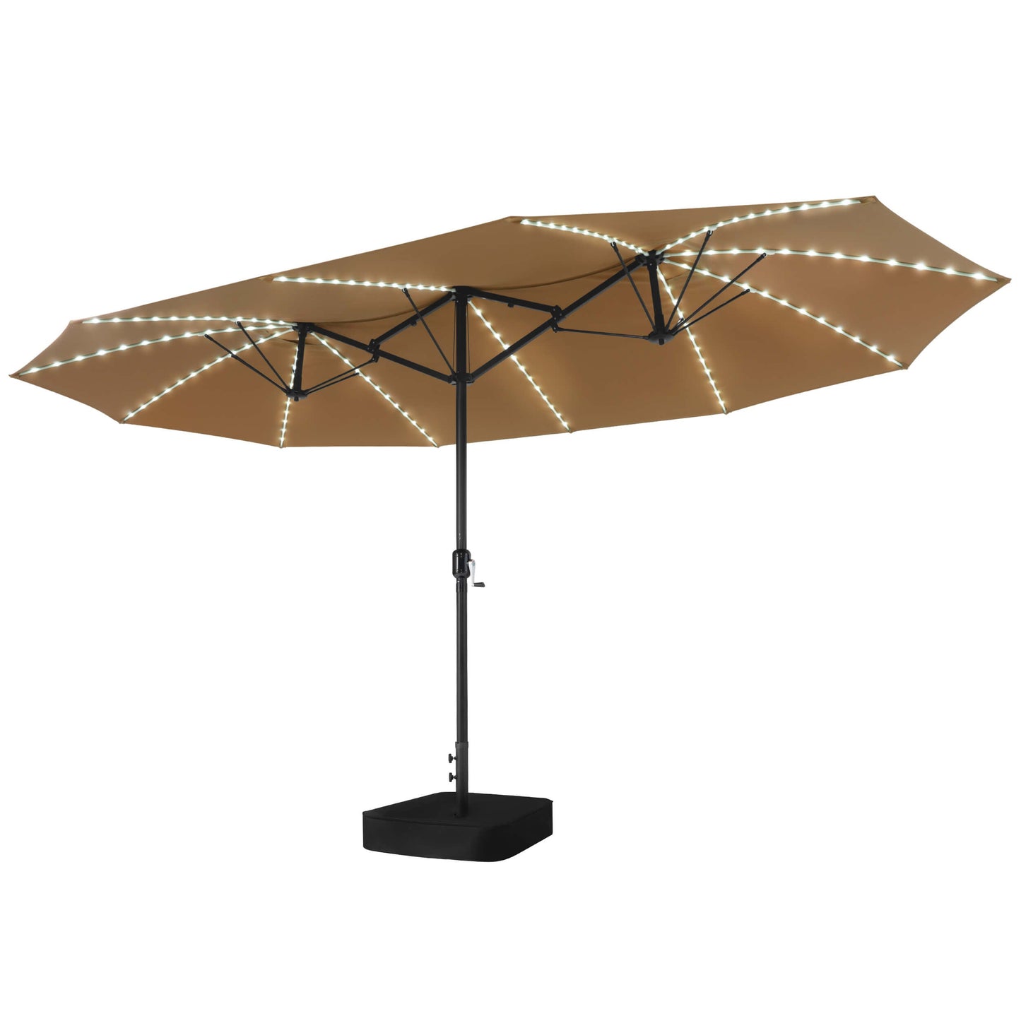 15x9 ft beige double-sided market umbrella with built-in solar LED lights, metal frame and base details.