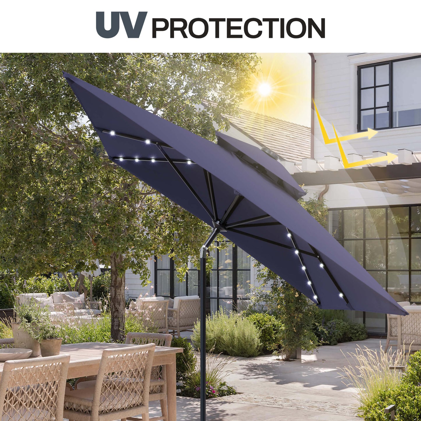 UV protection details of 10x7 ft navy solar patio umbrella with LED lights blocking sun rays on a backyard terrace.