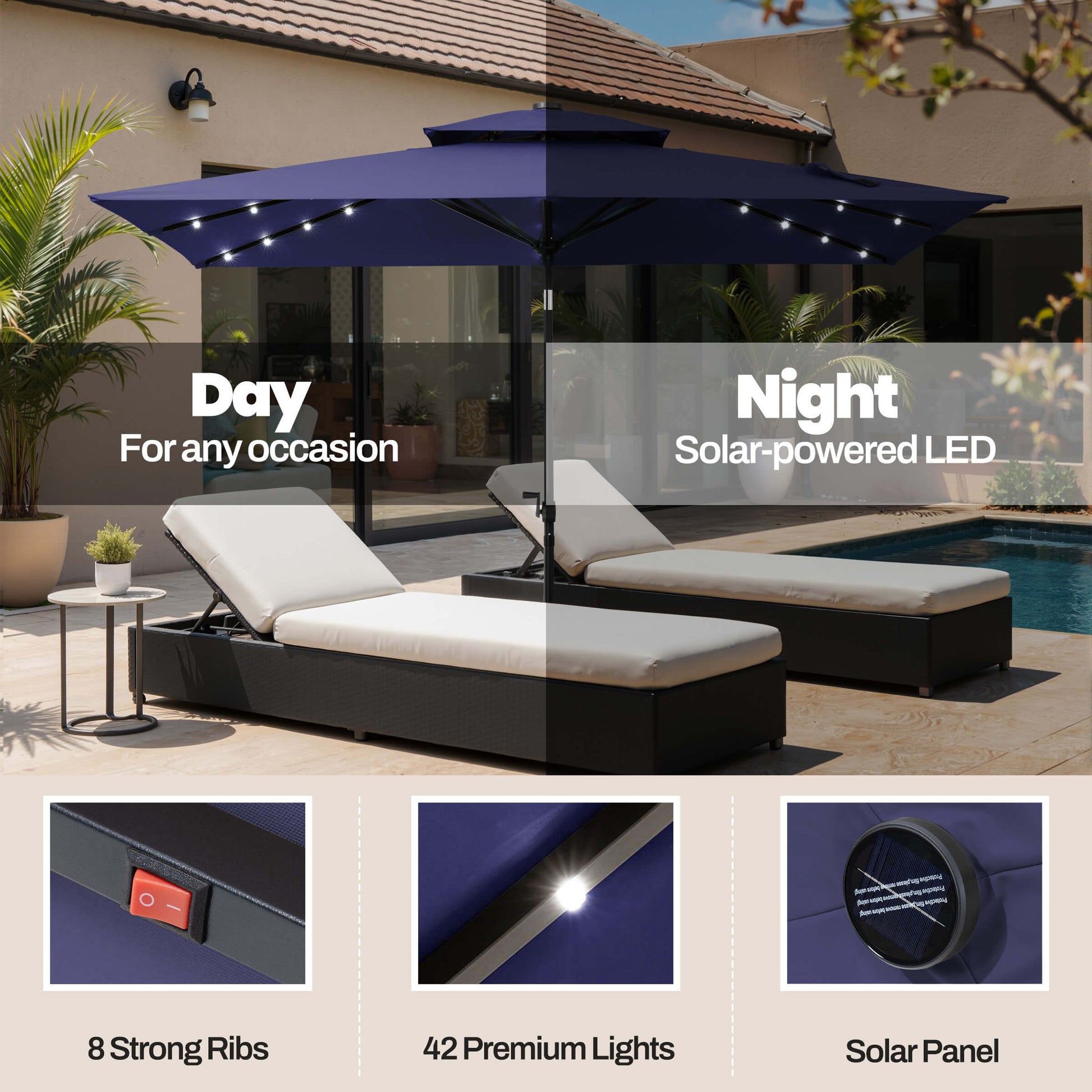 Day & night views of 10x7 ft navy solar umbrella with 42 LED lights, solar panel and 8 ribs by pool chaise lounges.