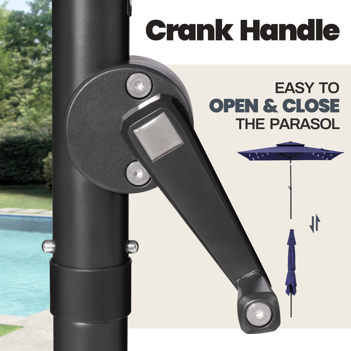 Easy crank handle system details on a 10x7 ft navy aluminum market umbrella for effortless opening and closing.