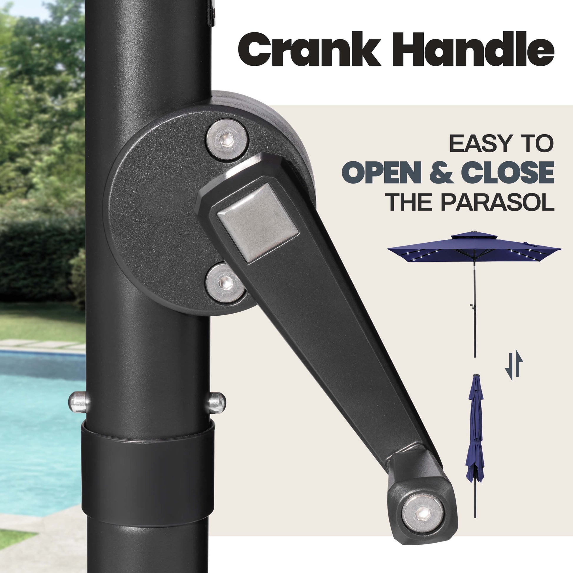 Easy crank handle system details on a 10x7 ft navy aluminum market umbrella for effortless opening and closing.