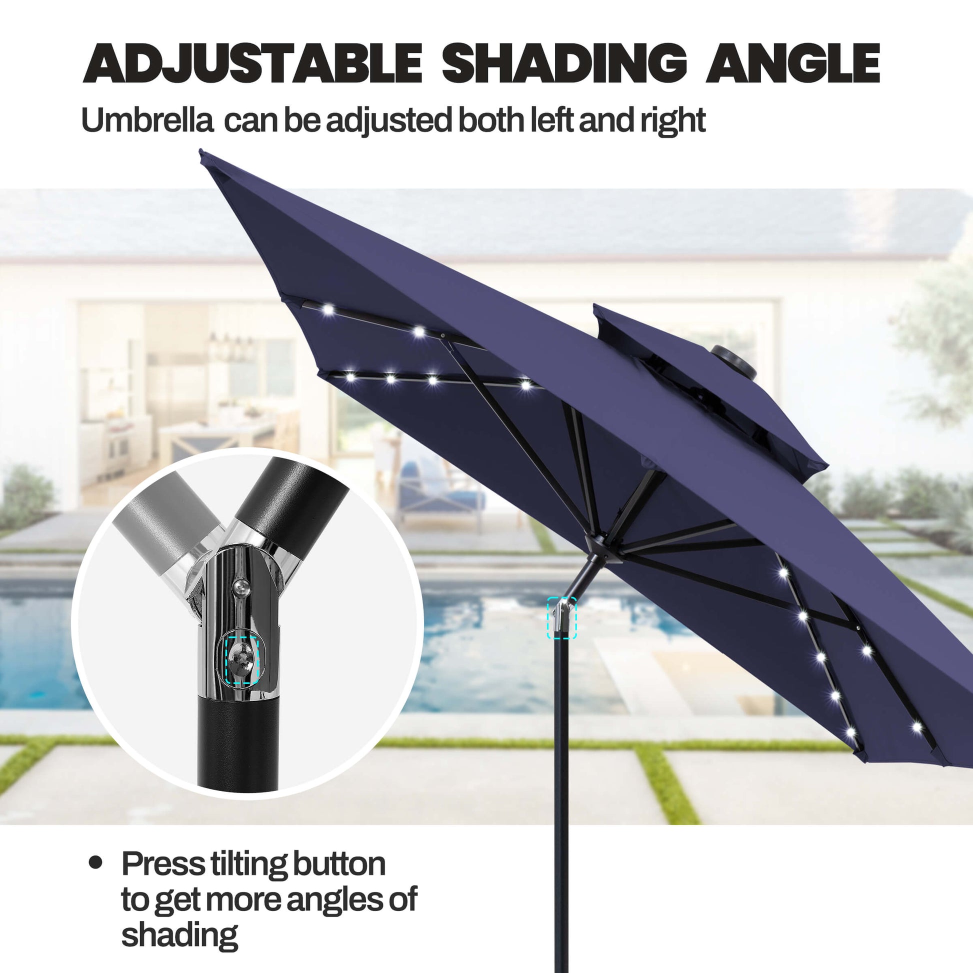 Adjustable shading angle details with push button tilt on 10x7 ft navy solar patio umbrella by a pool.