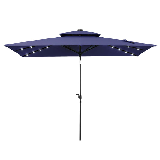 10x7 ft navy aluminum market umbrella with built-in LED solar lights, double top and 8 sturdy ribs.