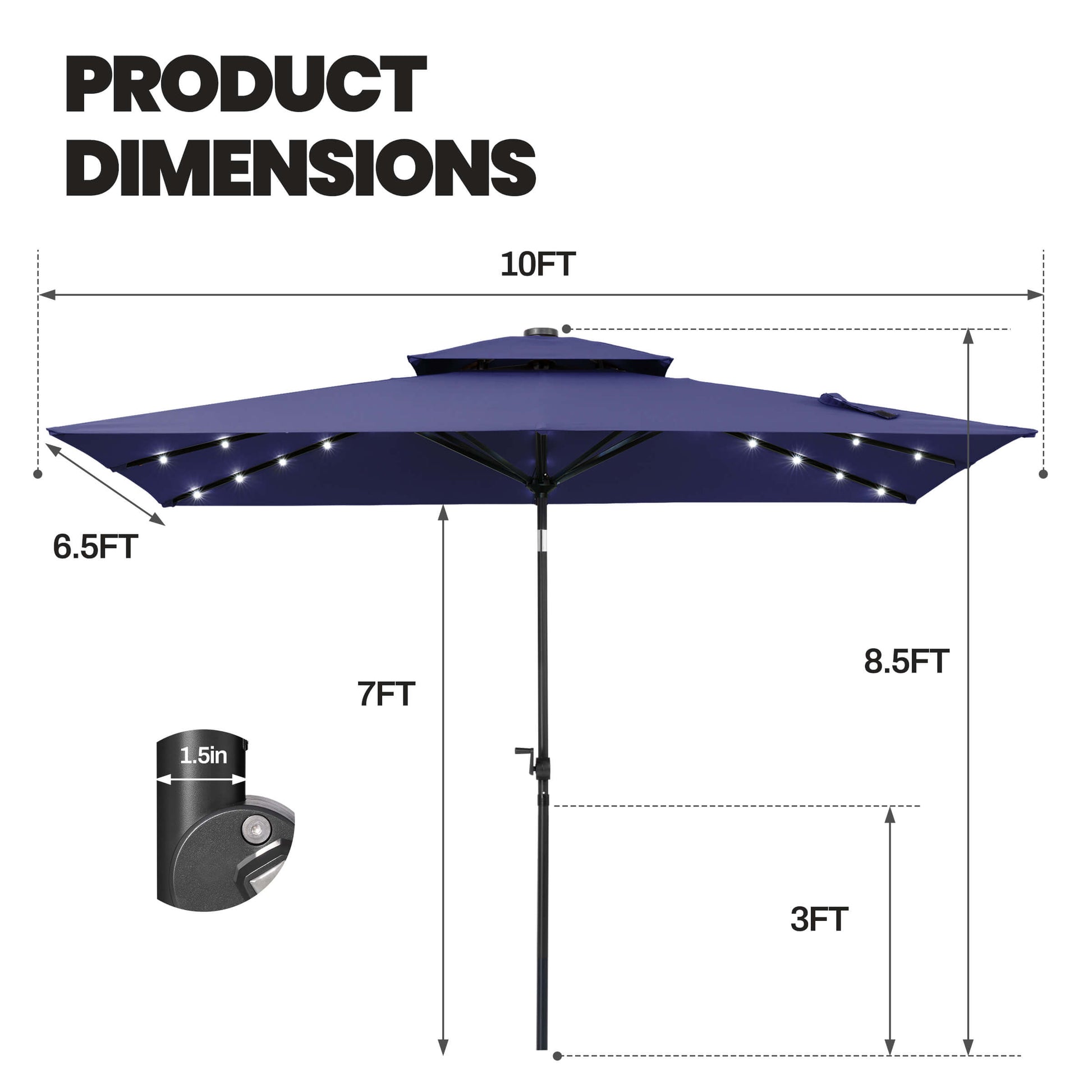 Product dimensions of 10x6.5 ft navy solar market umbrella, 8.5ft overall height with 1.5in pole diameter.