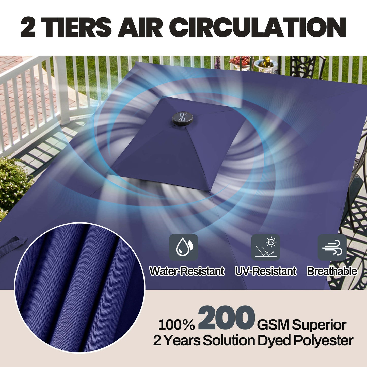2 tiers air circulation and 200GSM solution dyed polyester fabric details of a 10x7 ft navy market umbrella.