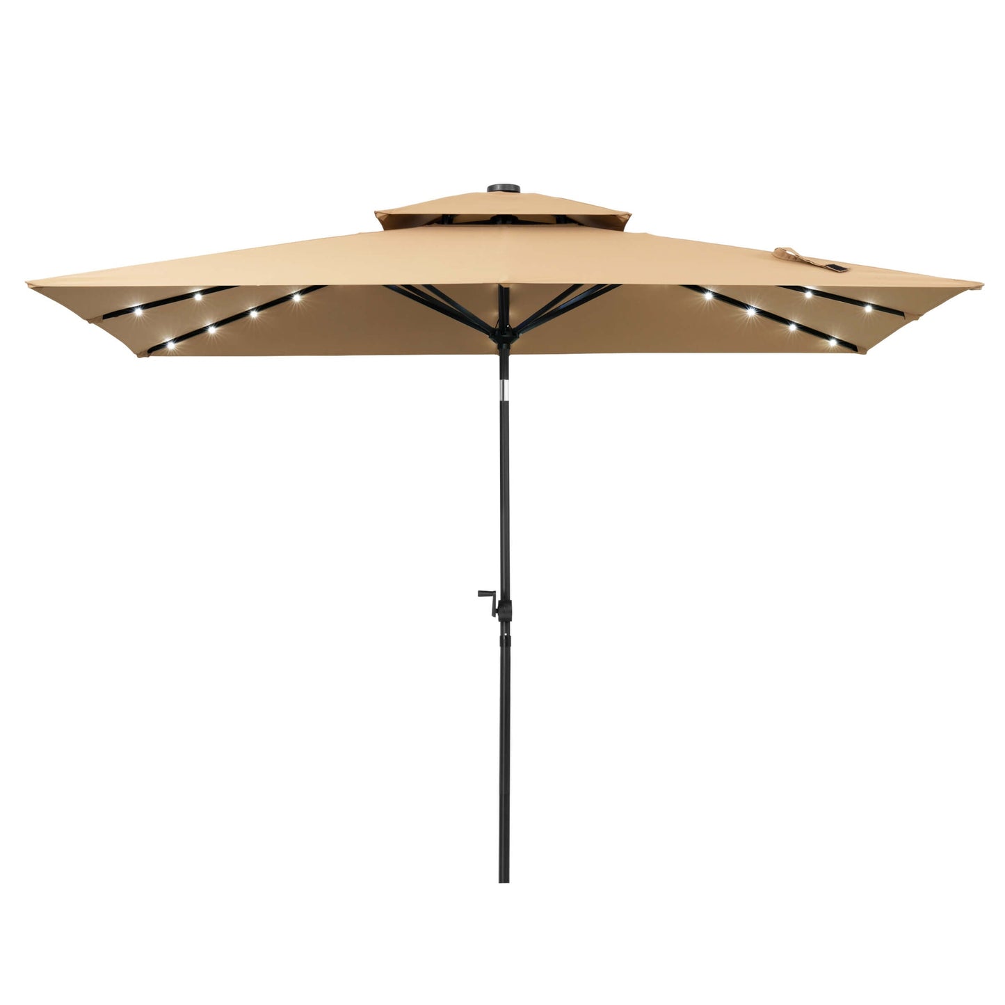 10x7 ft beige aluminum market umbrella with built-in LED solar lights, double top and 8 sturdy ribs.