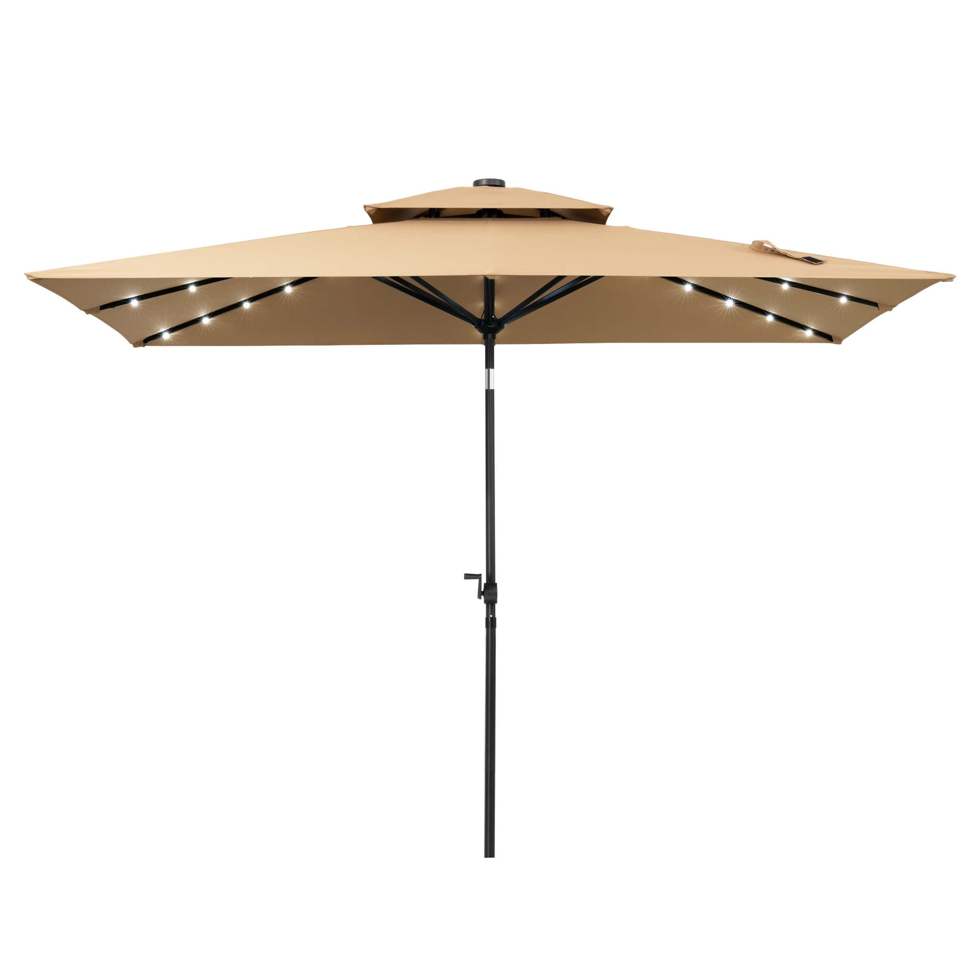 10x7 ft beige aluminum market umbrella with built-in LED solar lights, double top and 8 sturdy ribs.