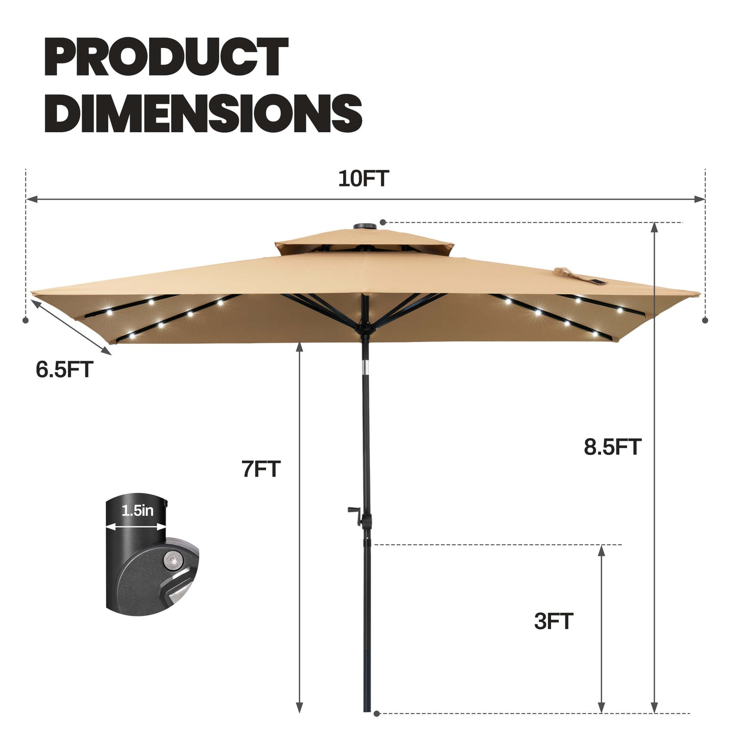 Product dimensions of 10x6.5 ft beige solar market umbrella, 8.5ft overall height with 1.5in pole diameter.