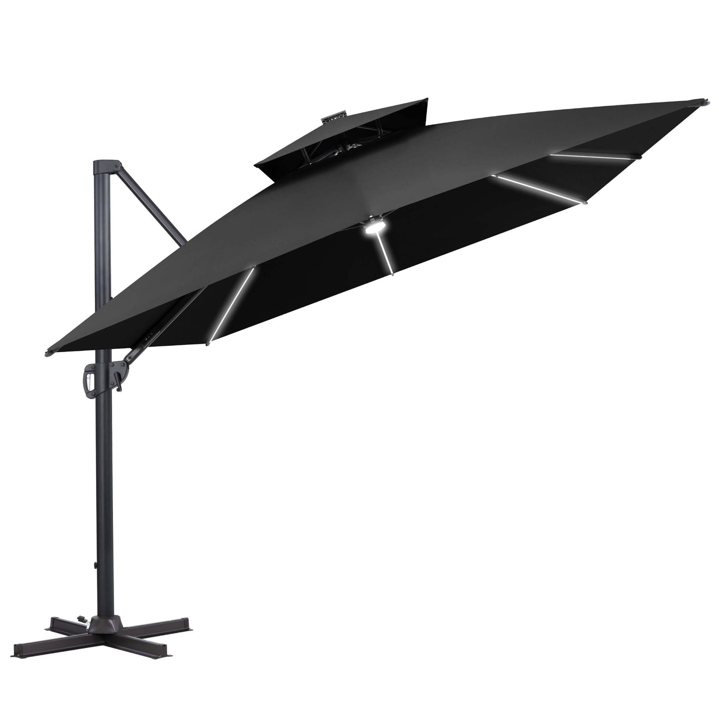 Black double-top cantilever patio umbrella with illuminated LED light strips and a cross stand.