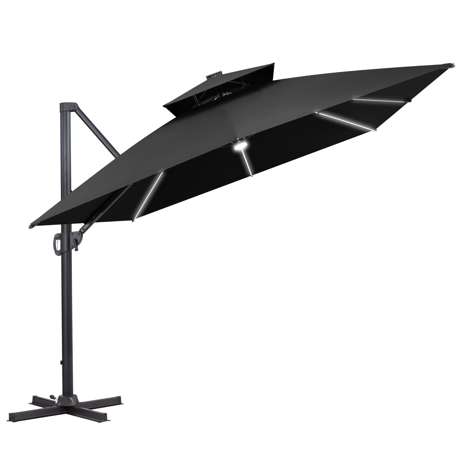 Black double-top cantilever patio umbrella with illuminated LED light strips and a cross stand.