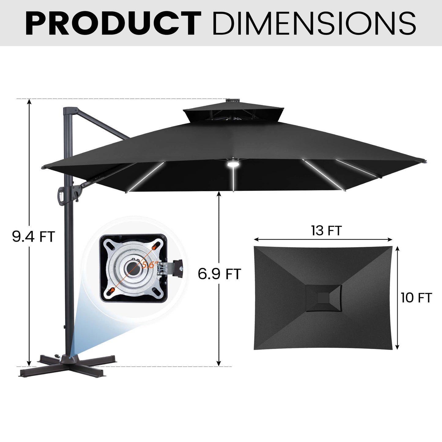 Dimensions of 10x13 FT black solar LED cantilever umbrella with cross base, showing height and 360 rotation.