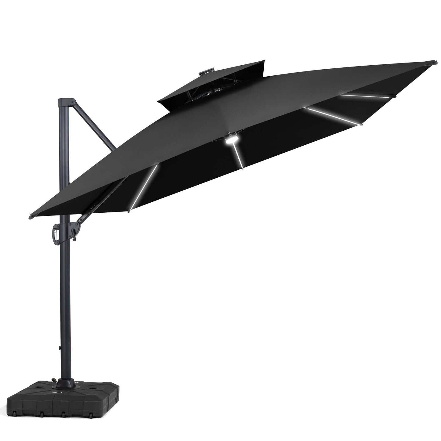 Black square double-top cantilever patio umbrella with LED lights and rolling base.