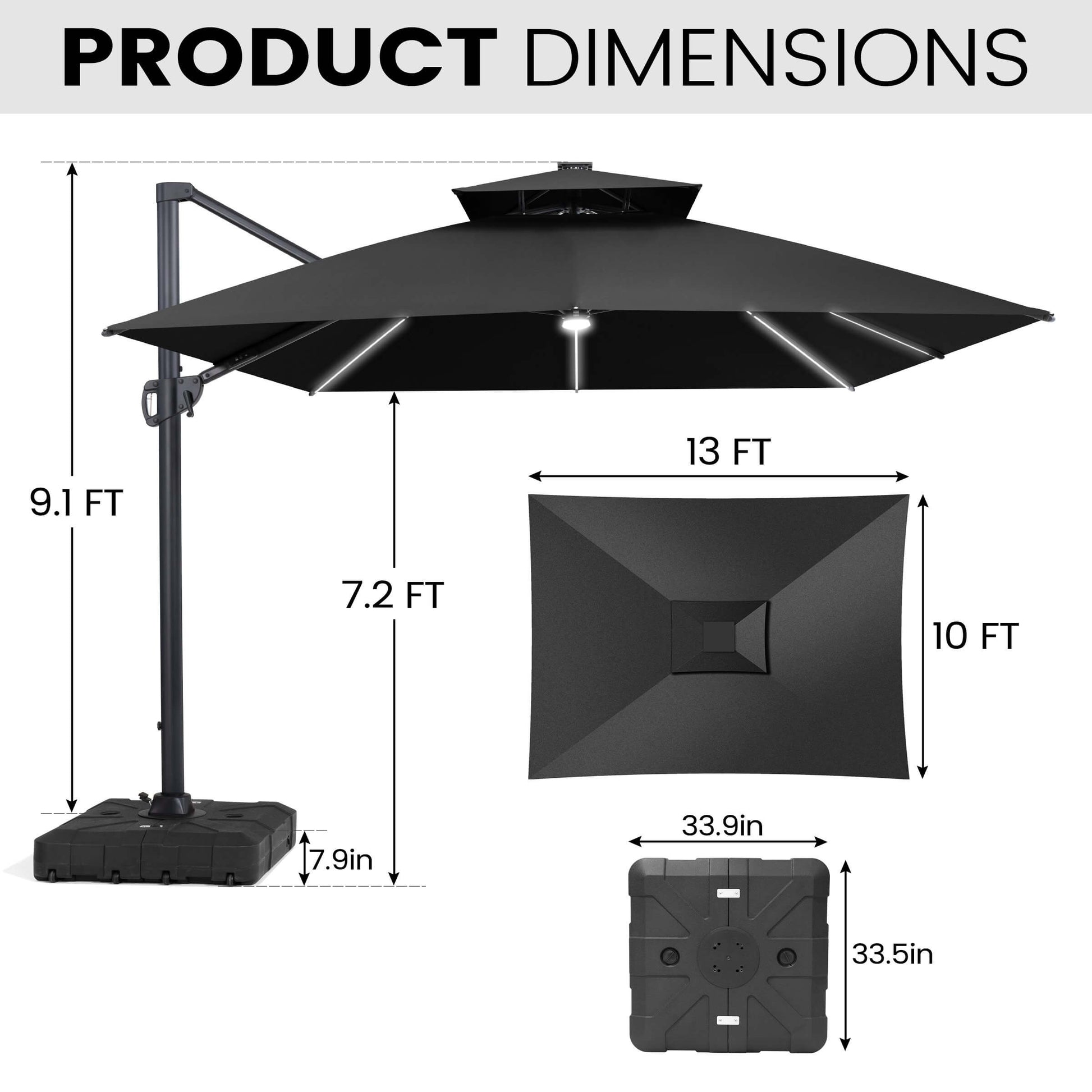 Product dimensions for a 10x13 FT black cantilever patio umbrella, showing canopy size, height, and rolling base.