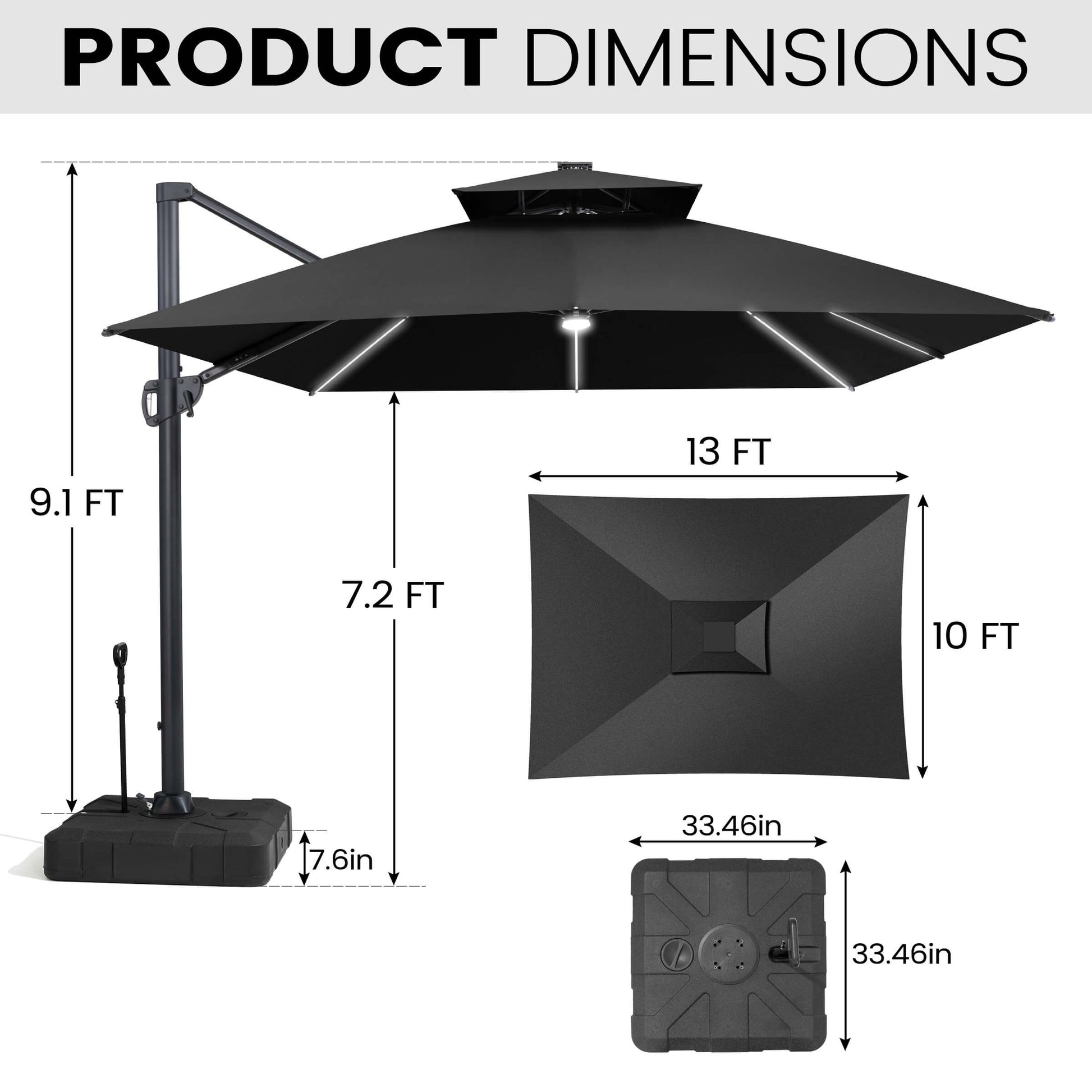 Product dimensions for a 10x13 FT black cantilever patio umbrella, showing canopy size, height, and pull-rod wheeled base.