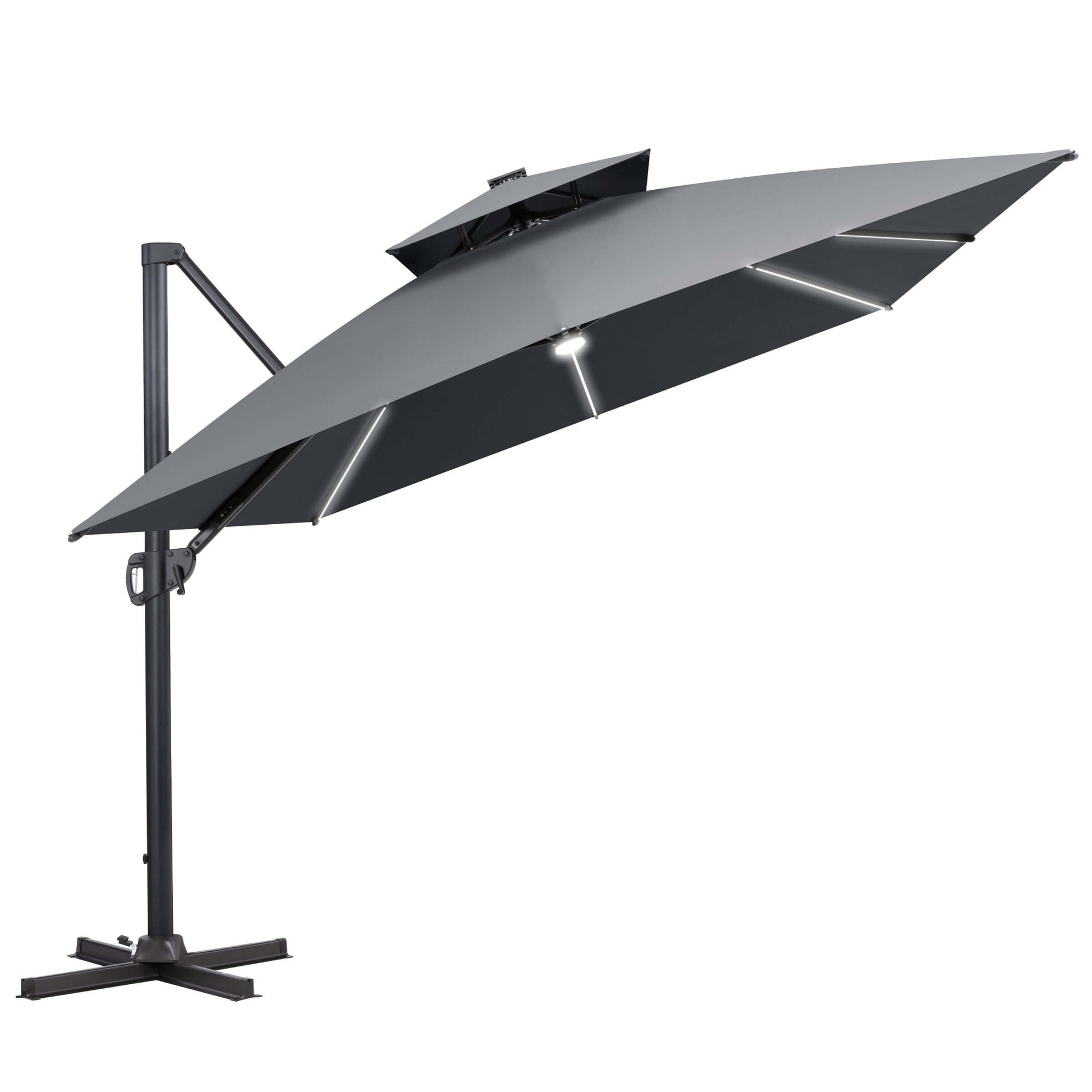Gray double-top cantilever patio umbrella with built-in LED light strips and a cross base.