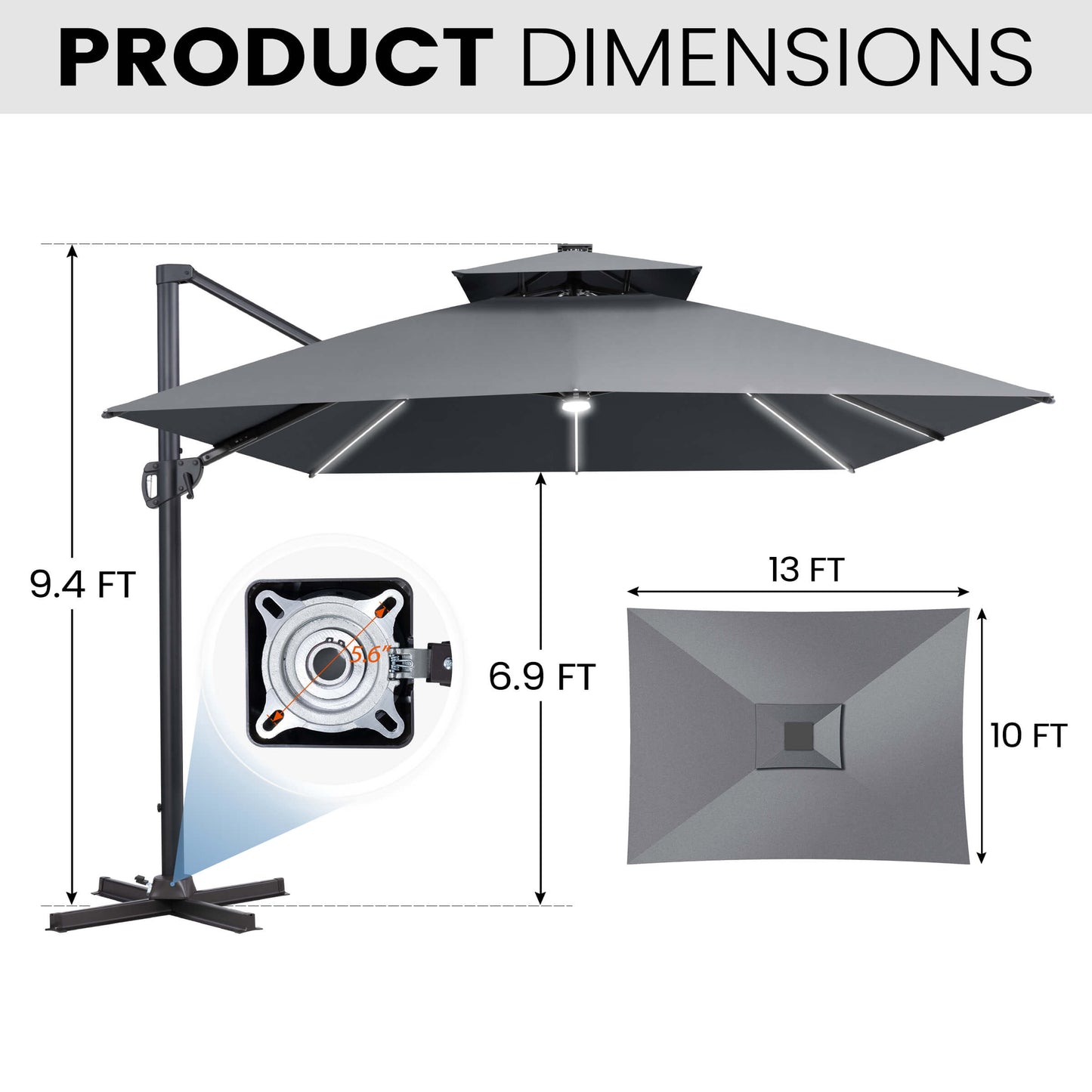 Dimensions of 10x13 FT grey LED cantilever patio umbrella, showing height, cross base, and 360-degree rotation.