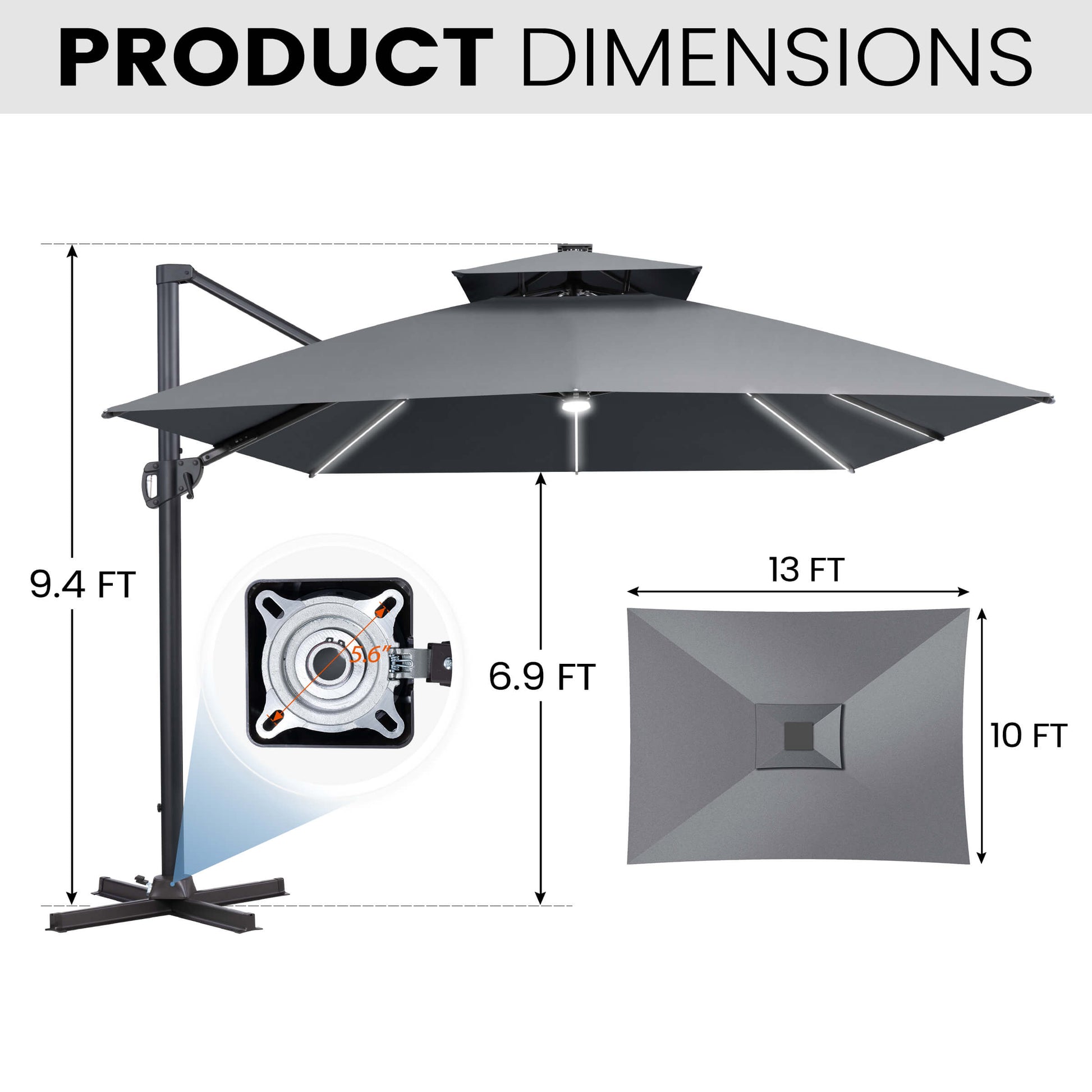 Dimensions of 10x13 FT grey LED cantilever patio umbrella, showing height, cross base, and 360-degree rotation.