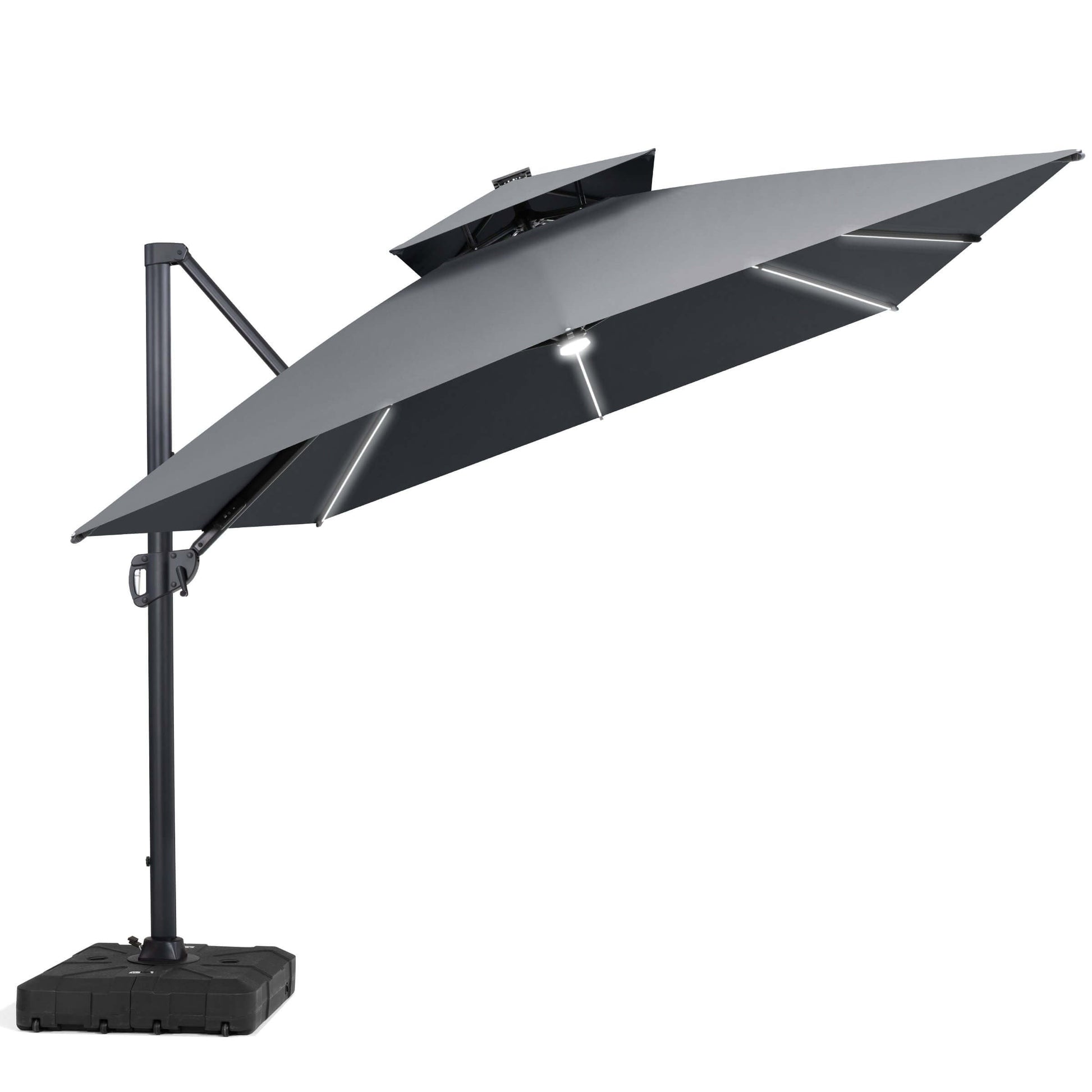 Gray square double-top cantilever patio umbrella with LED lights and a rolling base.