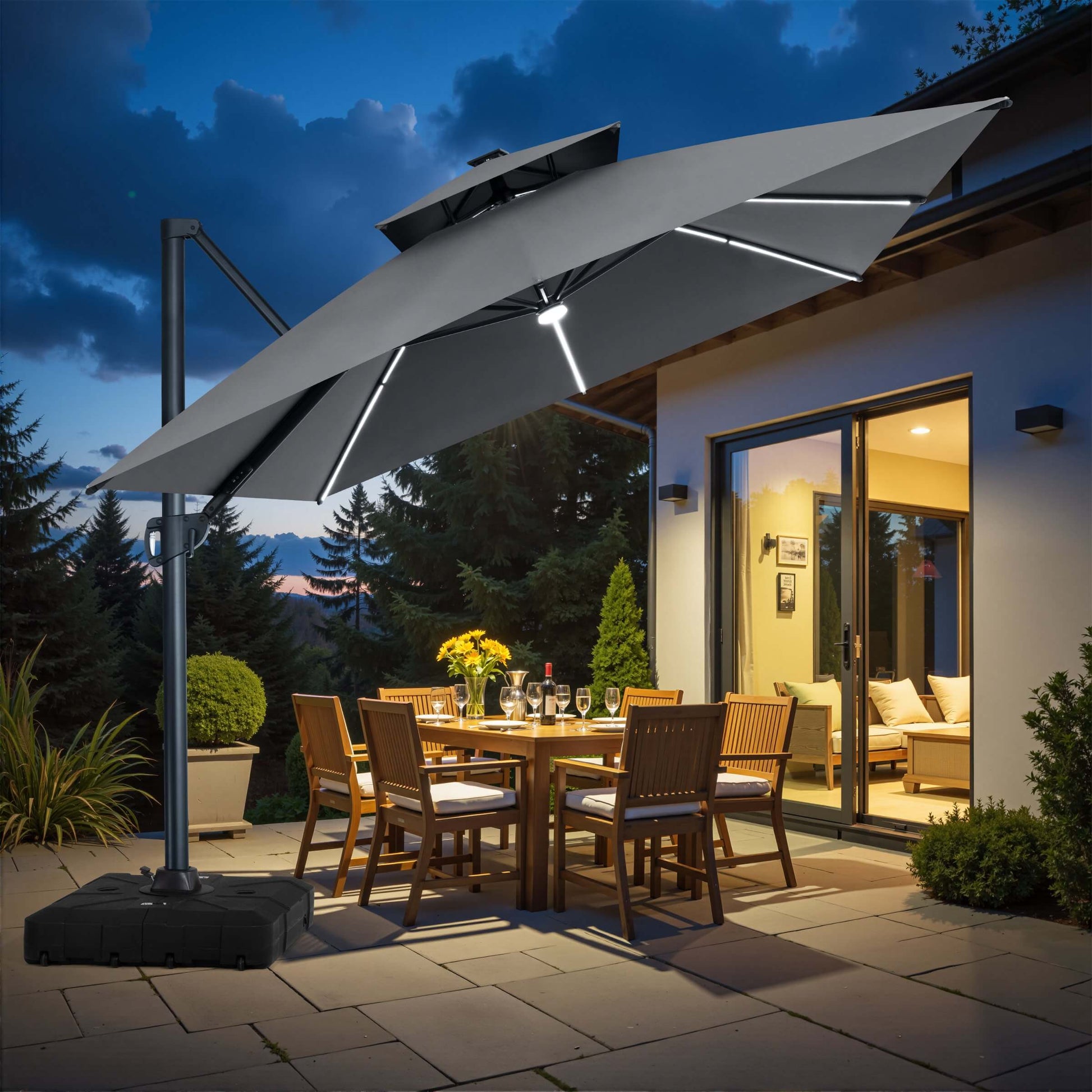Grey Square Double-Top Cantilever Patio Umbrella with Solar LED Lights and Wheeled Rolling Base for Outdoor Dining