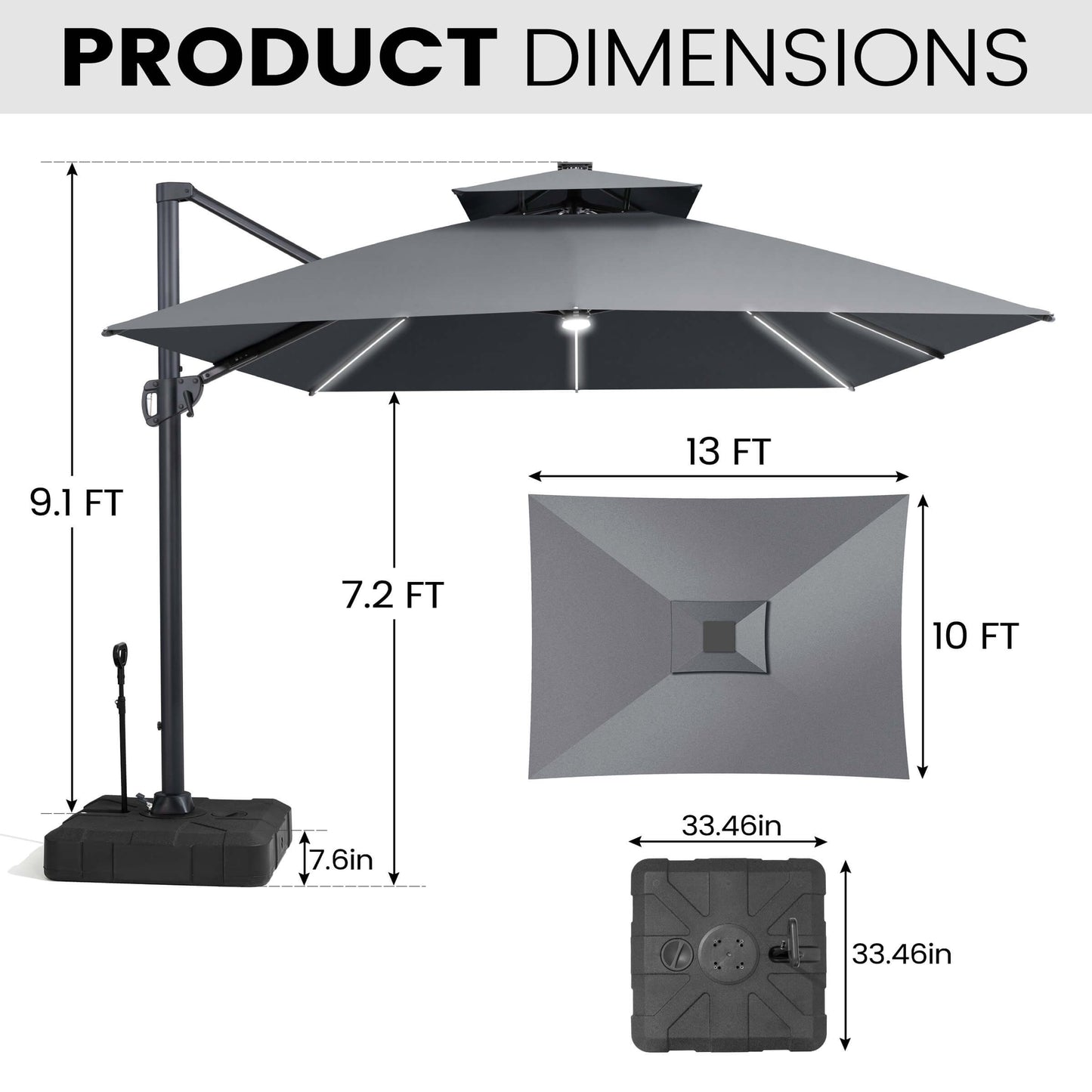 Product dimensions of 10x13 FT grey LED cantilever patio umbrella with height and pull-rod wheeled base details.