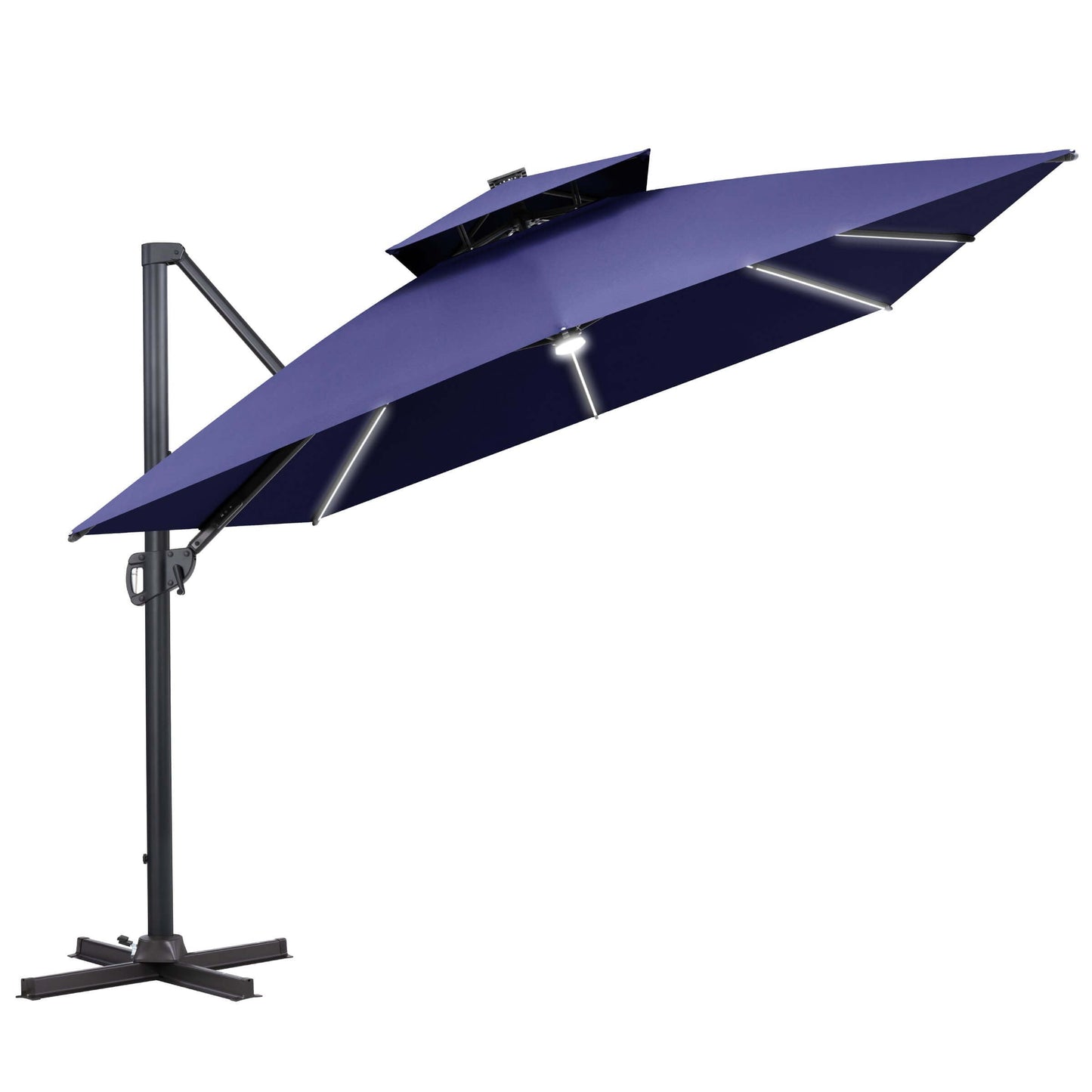 Navy blue square double-top cantilever patio umbrella with solar LED lights and a wheeled base with pull rod.