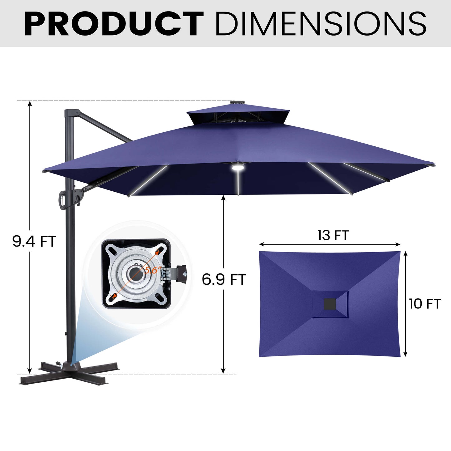 Dimensions of 10x13 FT navy blue LED cantilever patio umbrella, showing height, cross base, and 360-degree rotation.