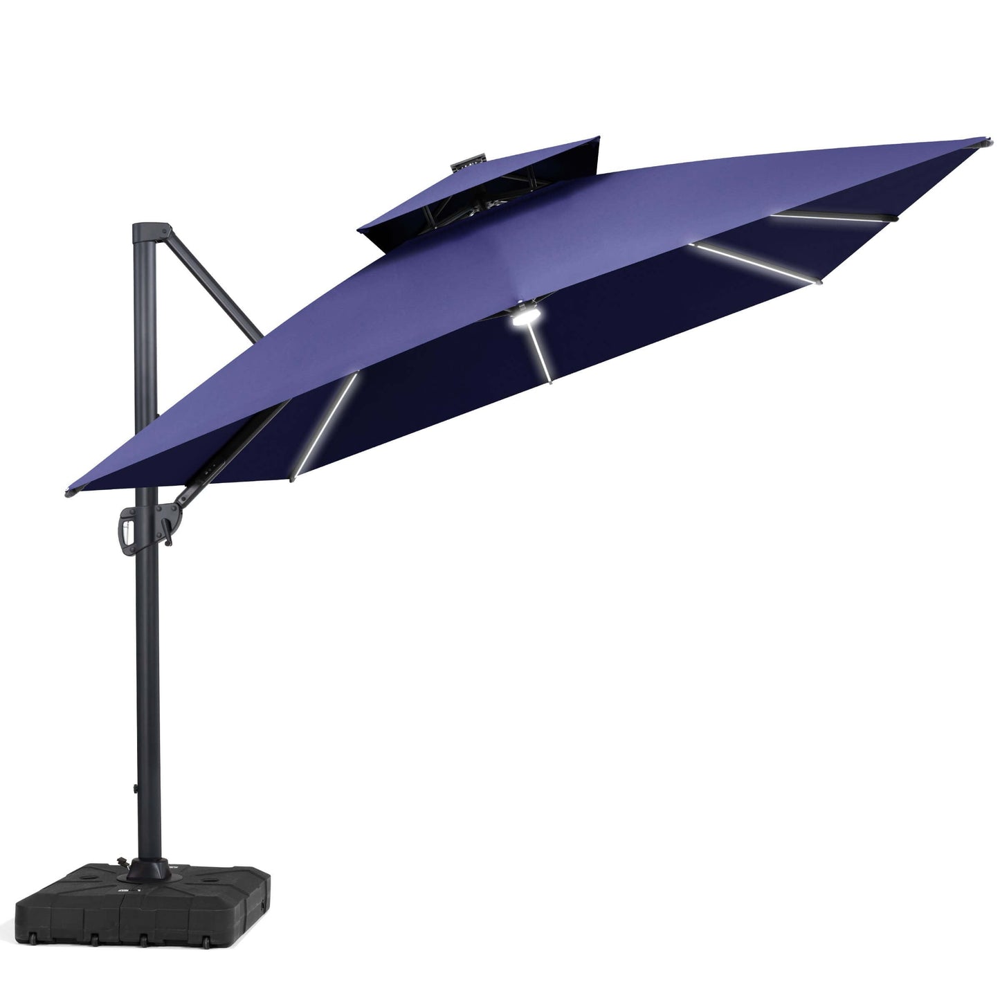 Navy blue square double-top cantilever patio umbrella with integrated LED lights and a pull-rod wheeled base.