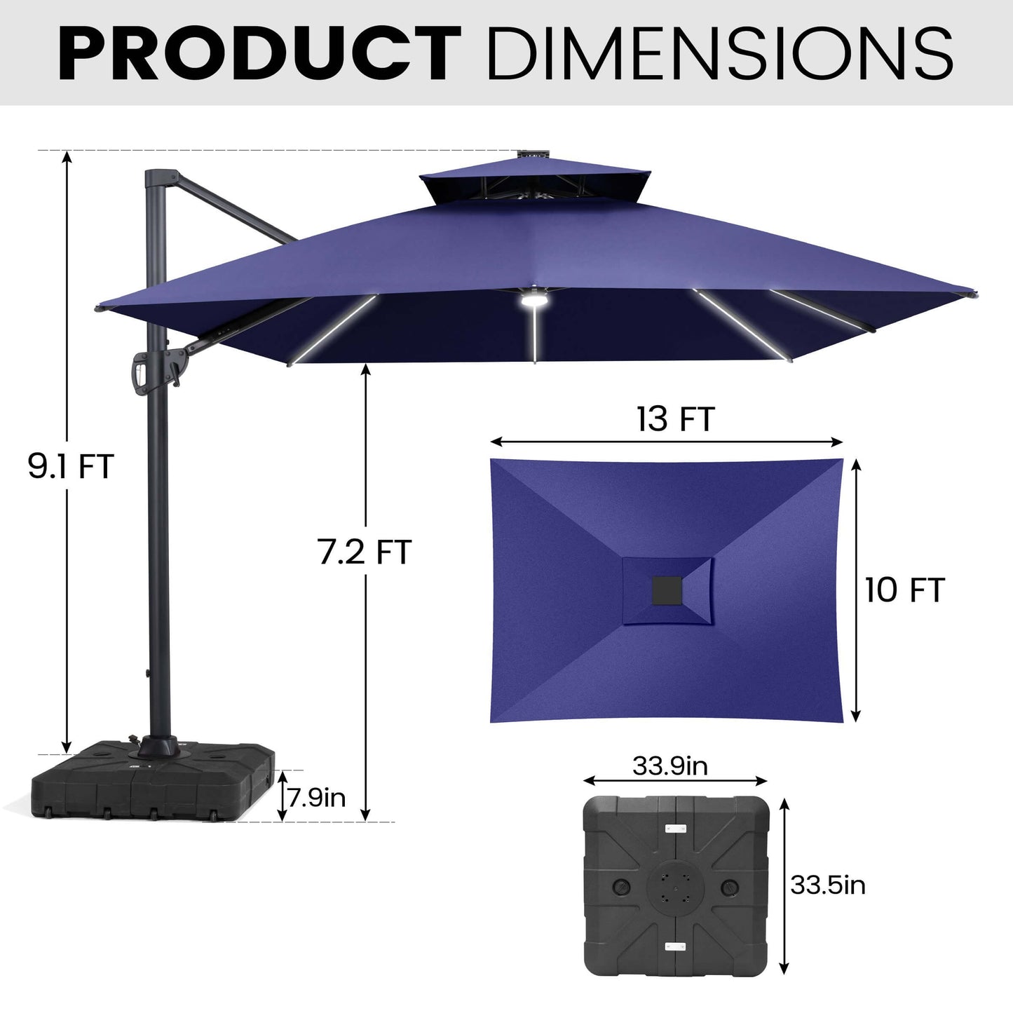 Product dimensions of 10x13 FT navy blue LED cantilever patio umbrella showing height and wheeled base details.