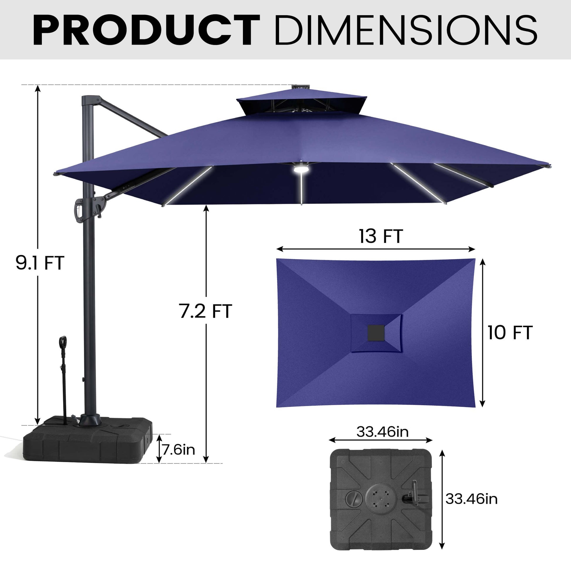 Product dimensions for 10x13 FT navy blue LED cantilever patio umbrella showing height and pull-rod wheeled base.