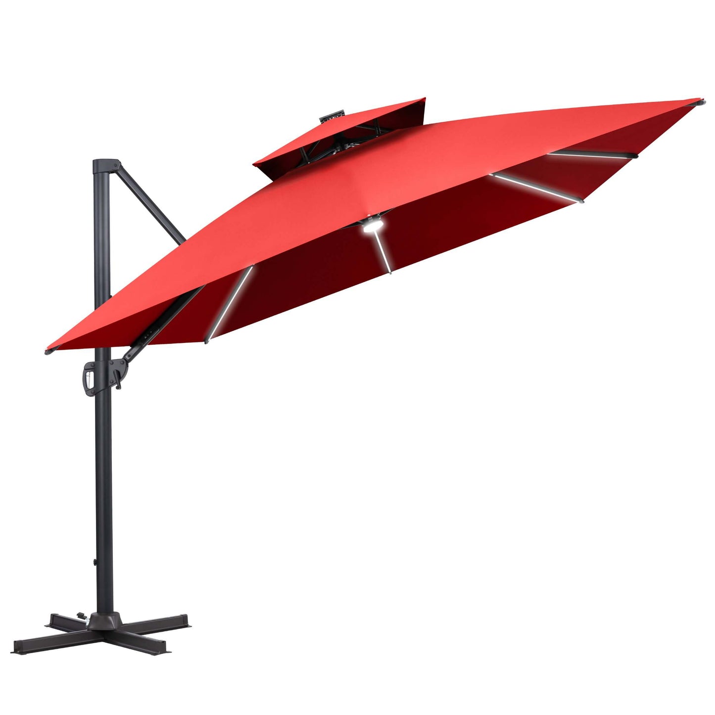 Open red square double-top cantilever patio umbrella with integrated rib LEDs, center light, and black cross base.