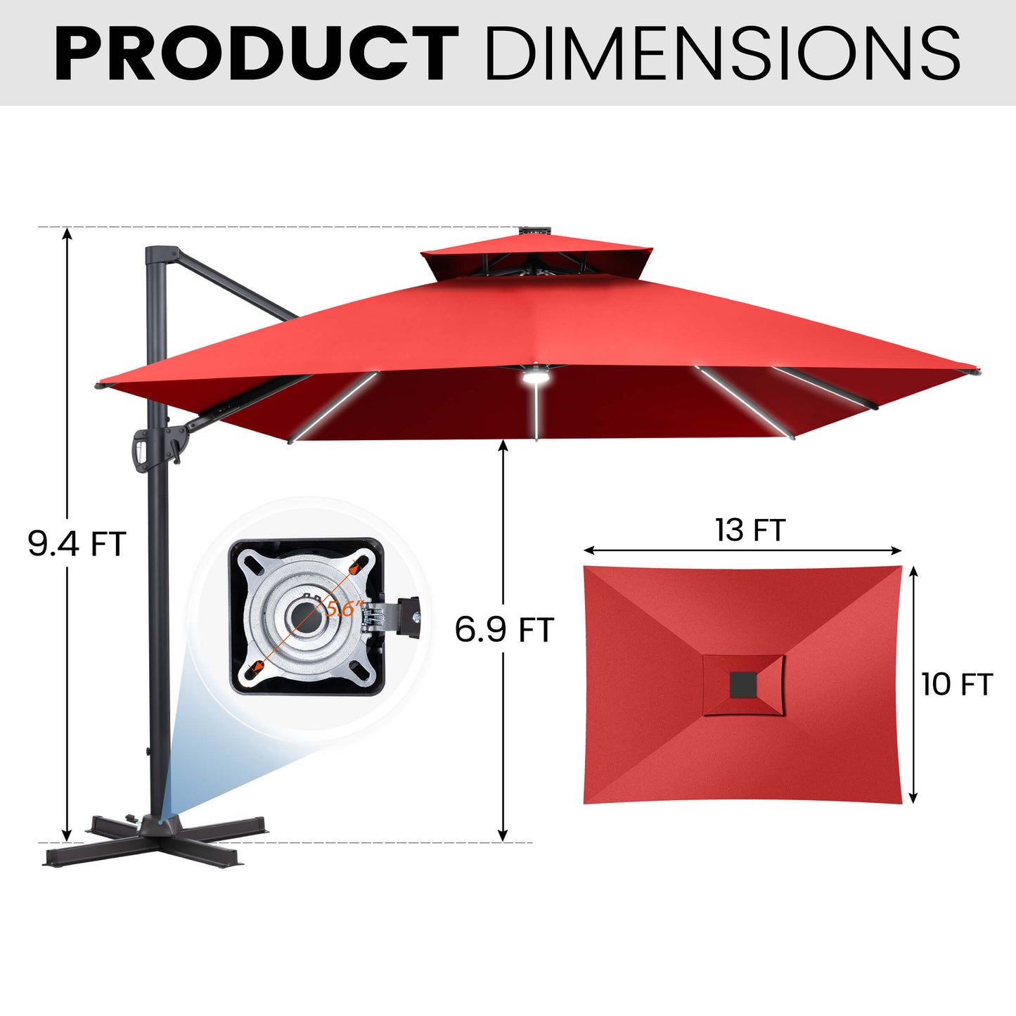Dimensions of 10x13 FT red double-top LED cantilever patio umbrella, showing height and 360-degree cross base.