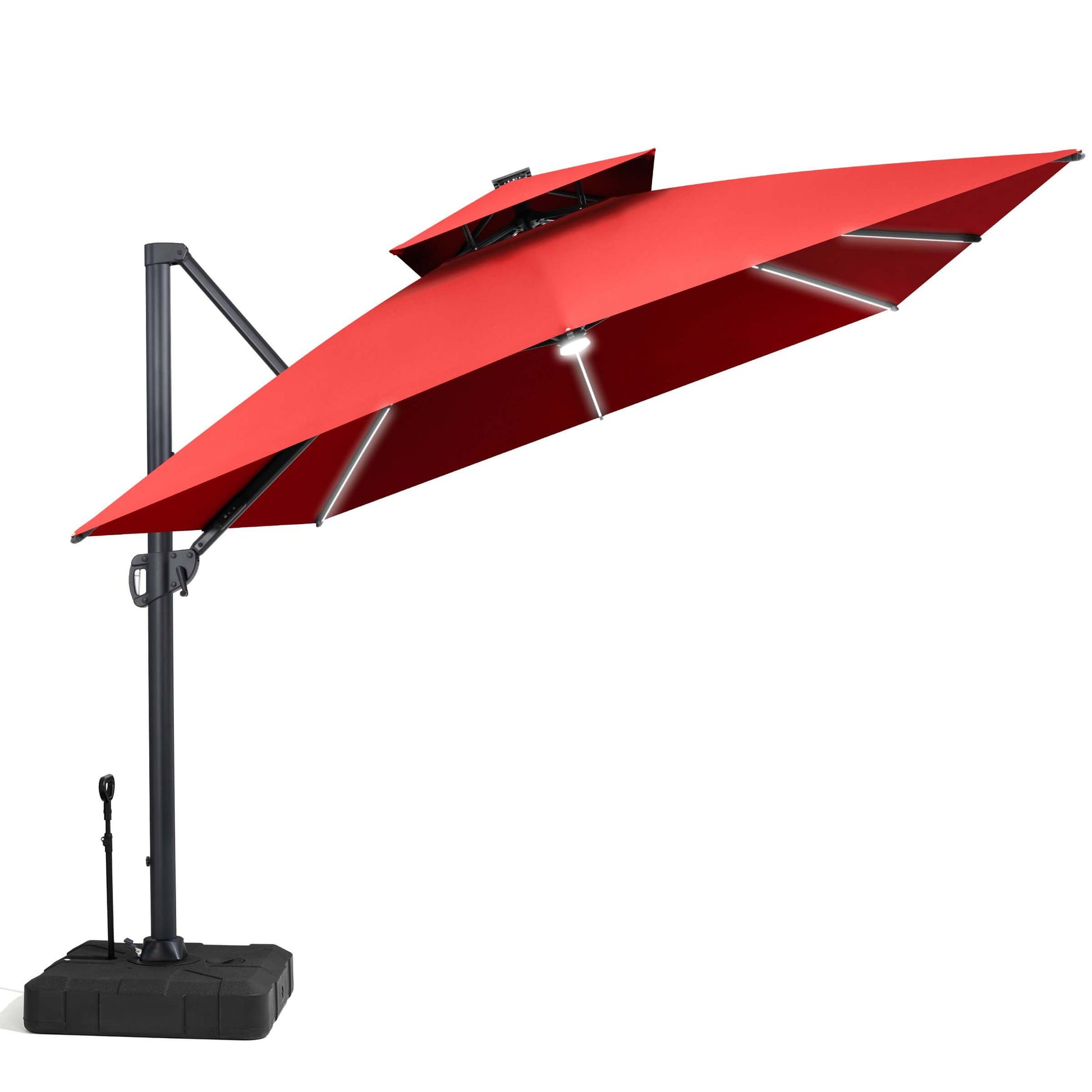 Red square double-top cantilever patio umbrella with built-in LED lights and a heavy-duty pull-rod wheeled base.