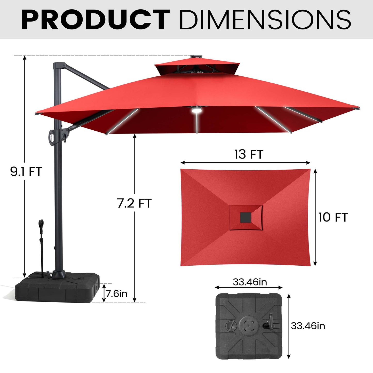 Product dimensions of 10x13 FT red double-top LED cantilever patio umbrella showing height and pull-rod wheeled base.