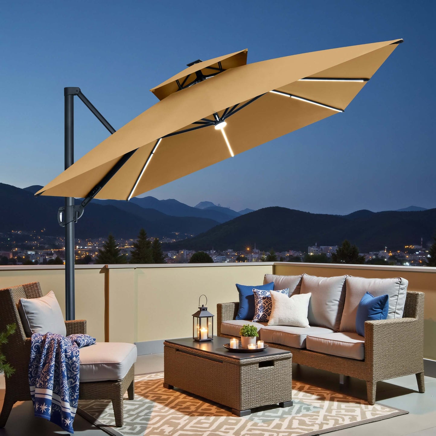 Beige LED cantilever patio umbrella illuminating an evening balcony seating area.