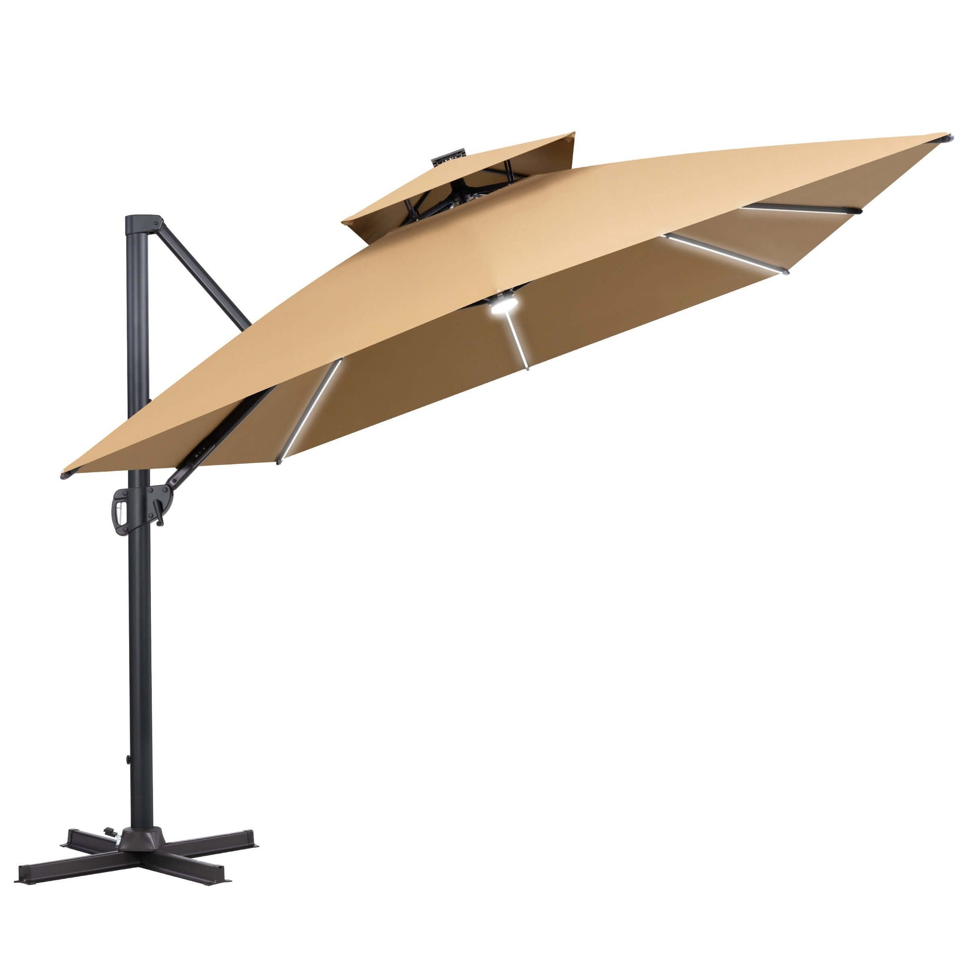 Beige square double-top cantilever patio umbrella with LED lights, tilt mechanism, and cross base.