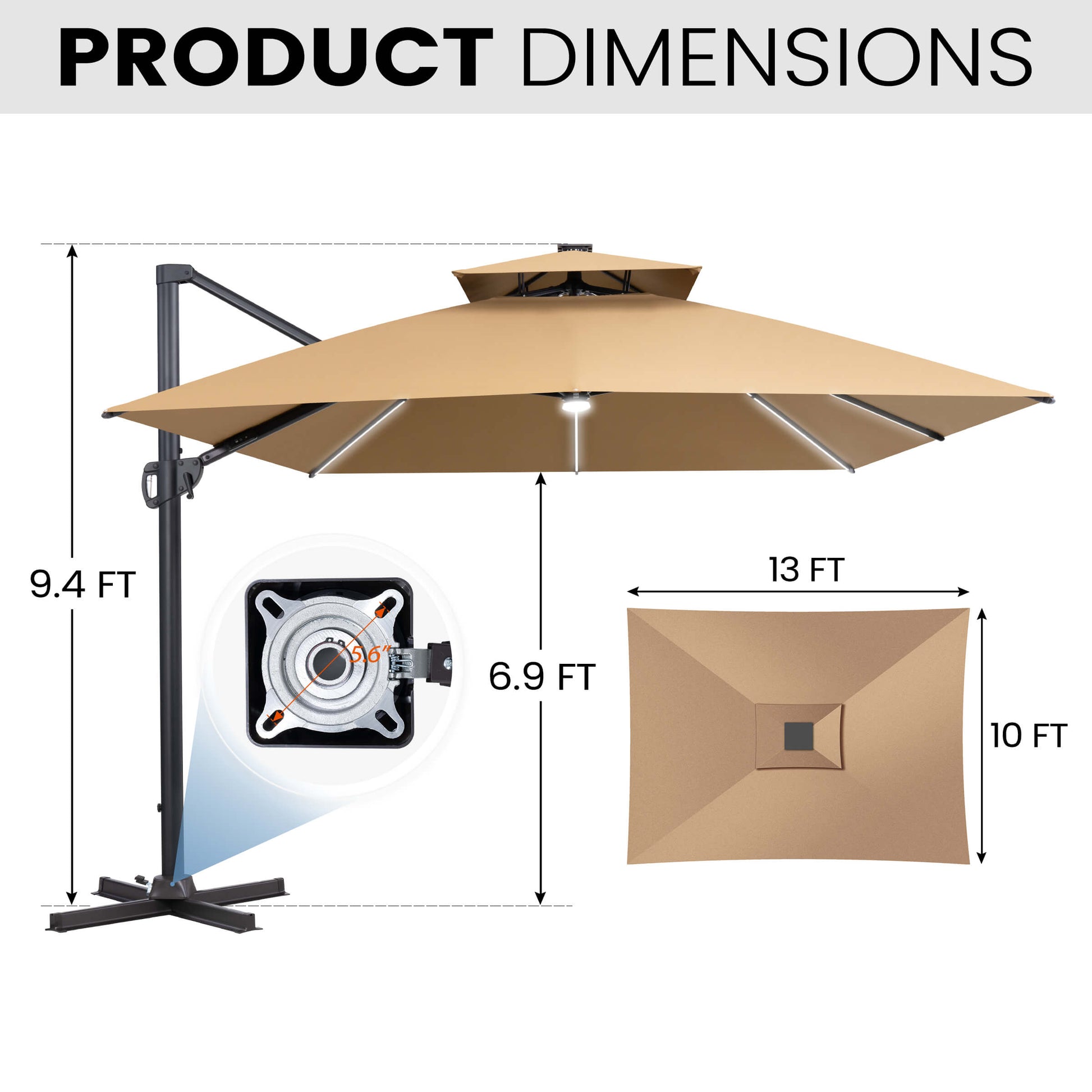 Product dimensions for a 10x13 FT beige cantilever patio umbrella, showing canopy size, height, and rotating cross base.
