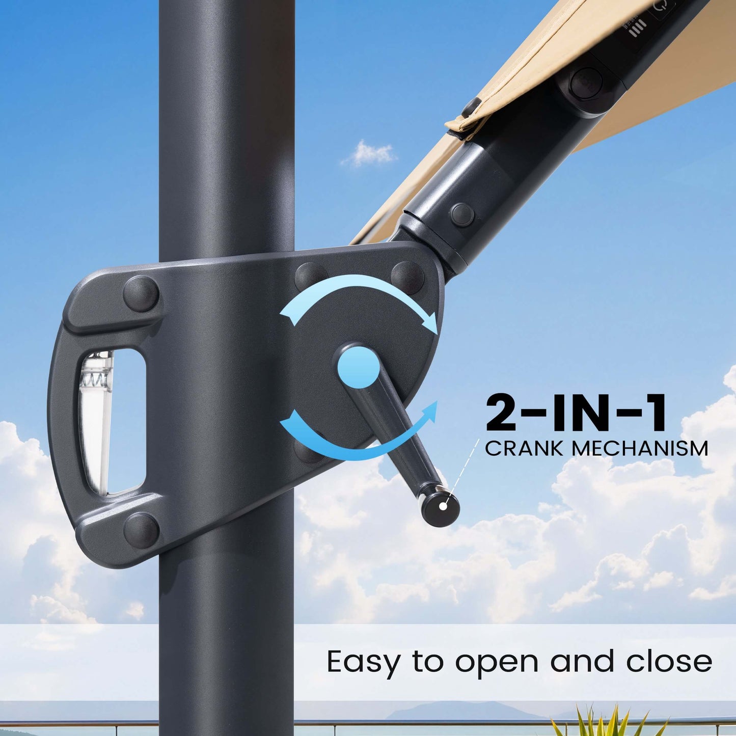 Close-up of a cantilever patio umbrella handle featuring a 2-in-1 crank mechanism designed for easy opening and closing.