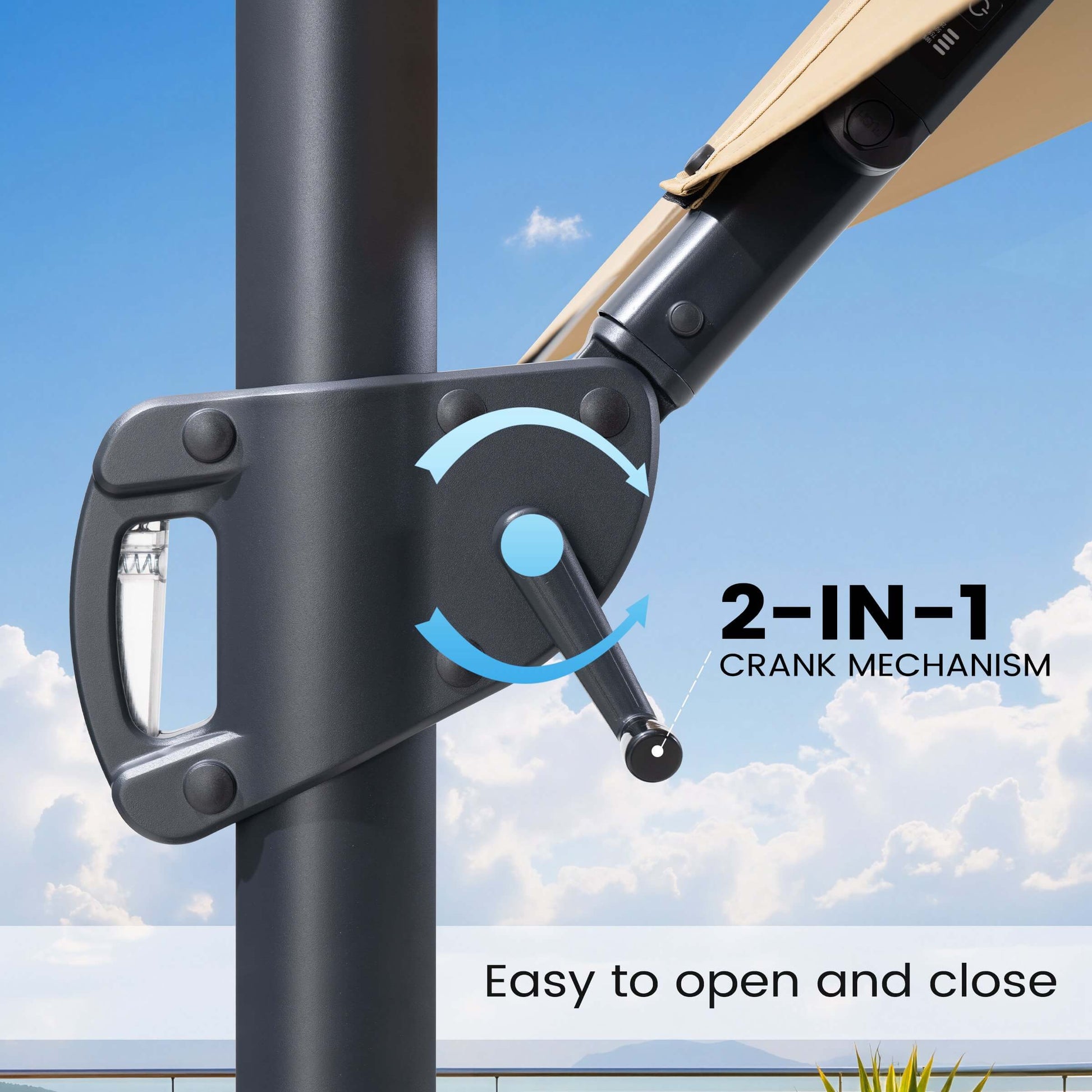Close-up of a cantilever patio umbrella handle featuring a 2-in-1 crank mechanism designed for easy opening and closing.