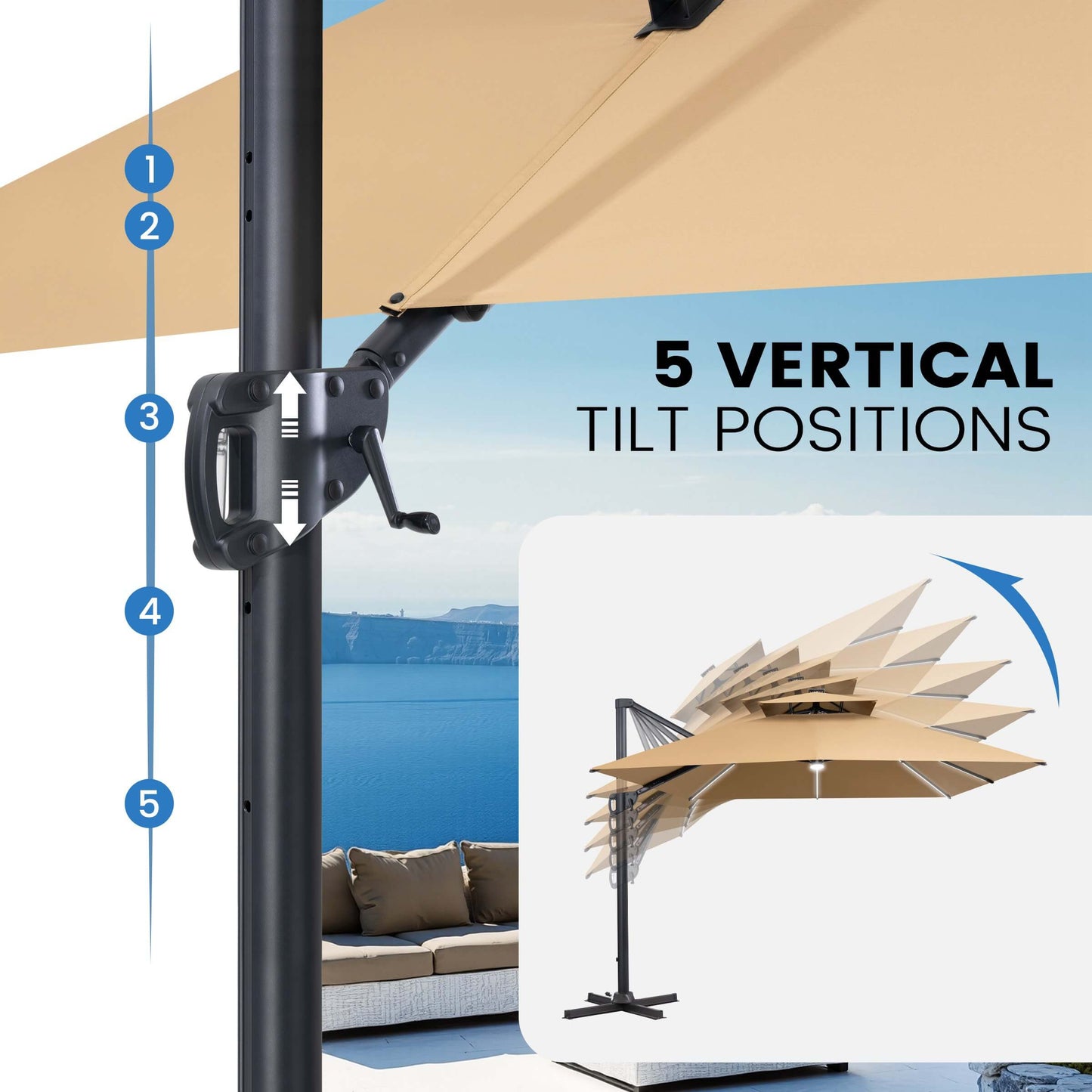 Detail view of a cantilever patio umbrella handle showing 5 vertical tilt positions, with an inset diagram illustrating the adjustable canopy angles.