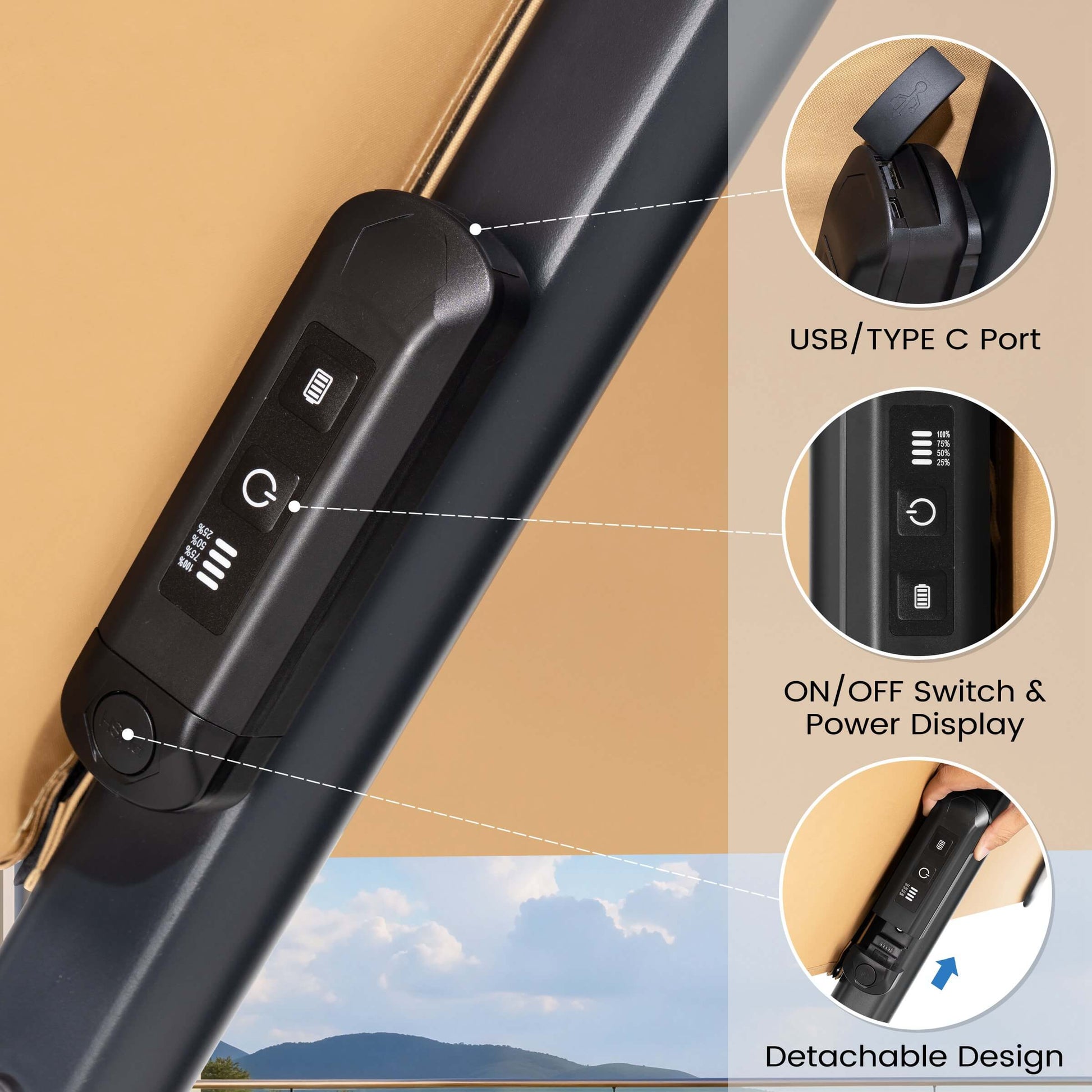 Close-up of a lighted patio umbrella control panel on the pole. Inset images highlight a USB/TYPE C port, an ON/OFF switch with a power display, and its detachable design.