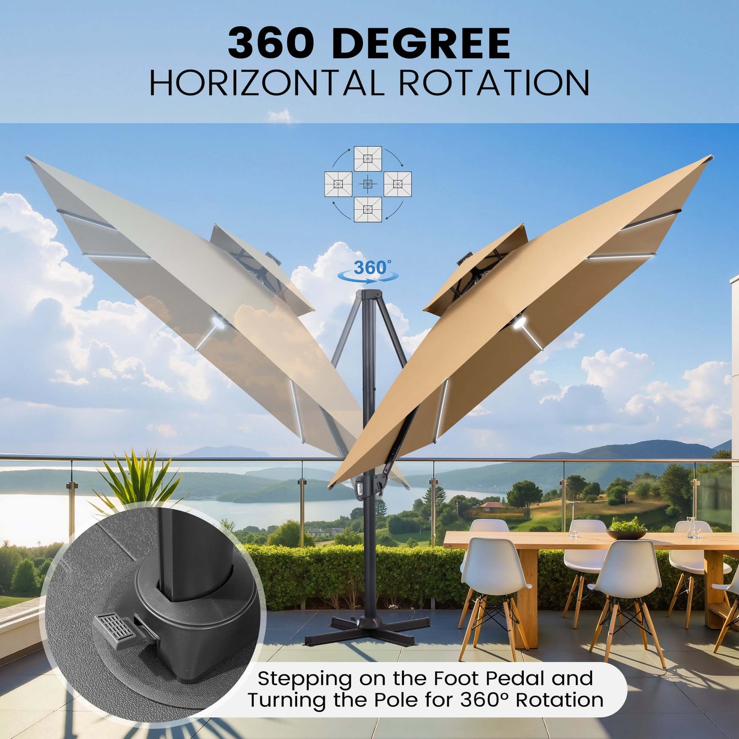 Beige cantilever patio umbrella demonstrating 360-degree horizontal rotation via a foot pedal mechanism.