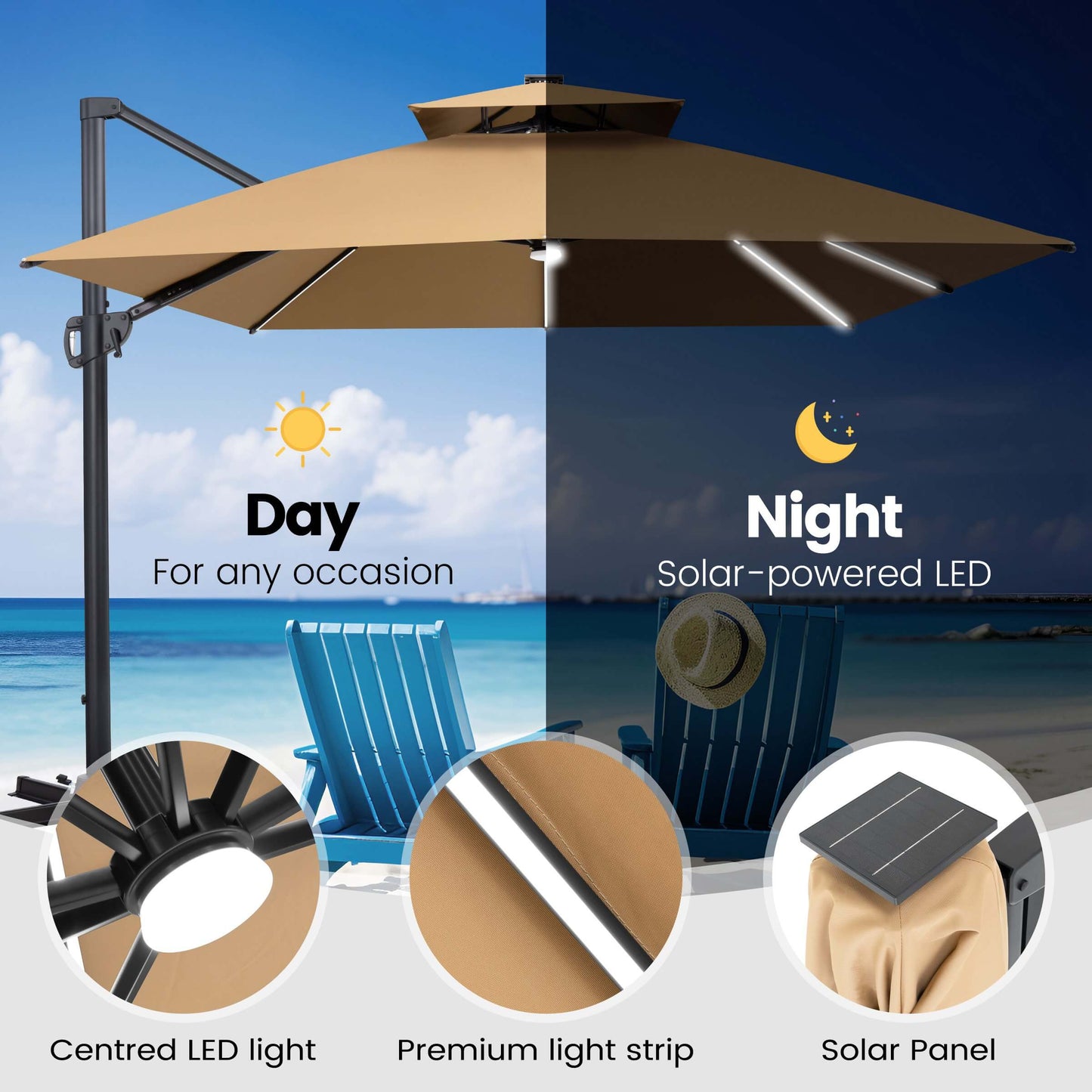 Solar-powered LED cantilever umbrella showing day/night use with centred light, premium light strips, and solar panel.