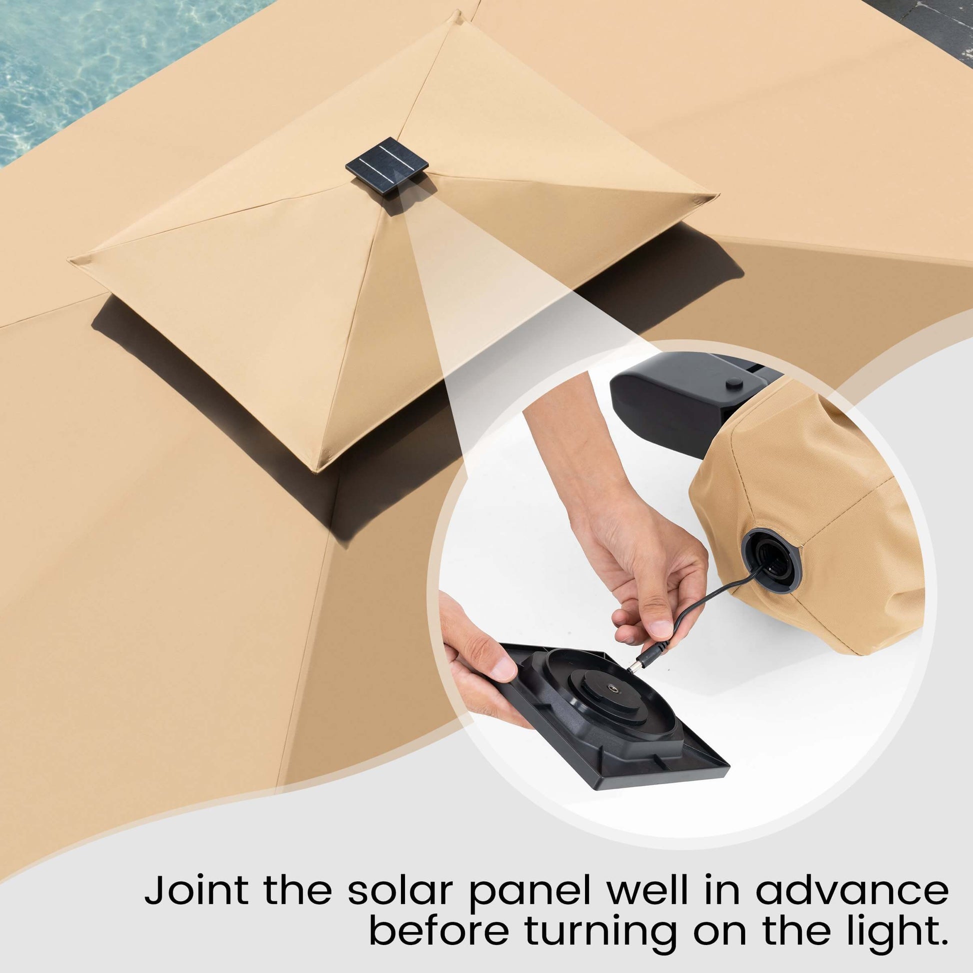 Top view of beige patio umbrella demonstrating how to joint the solar panel before turning on the light.