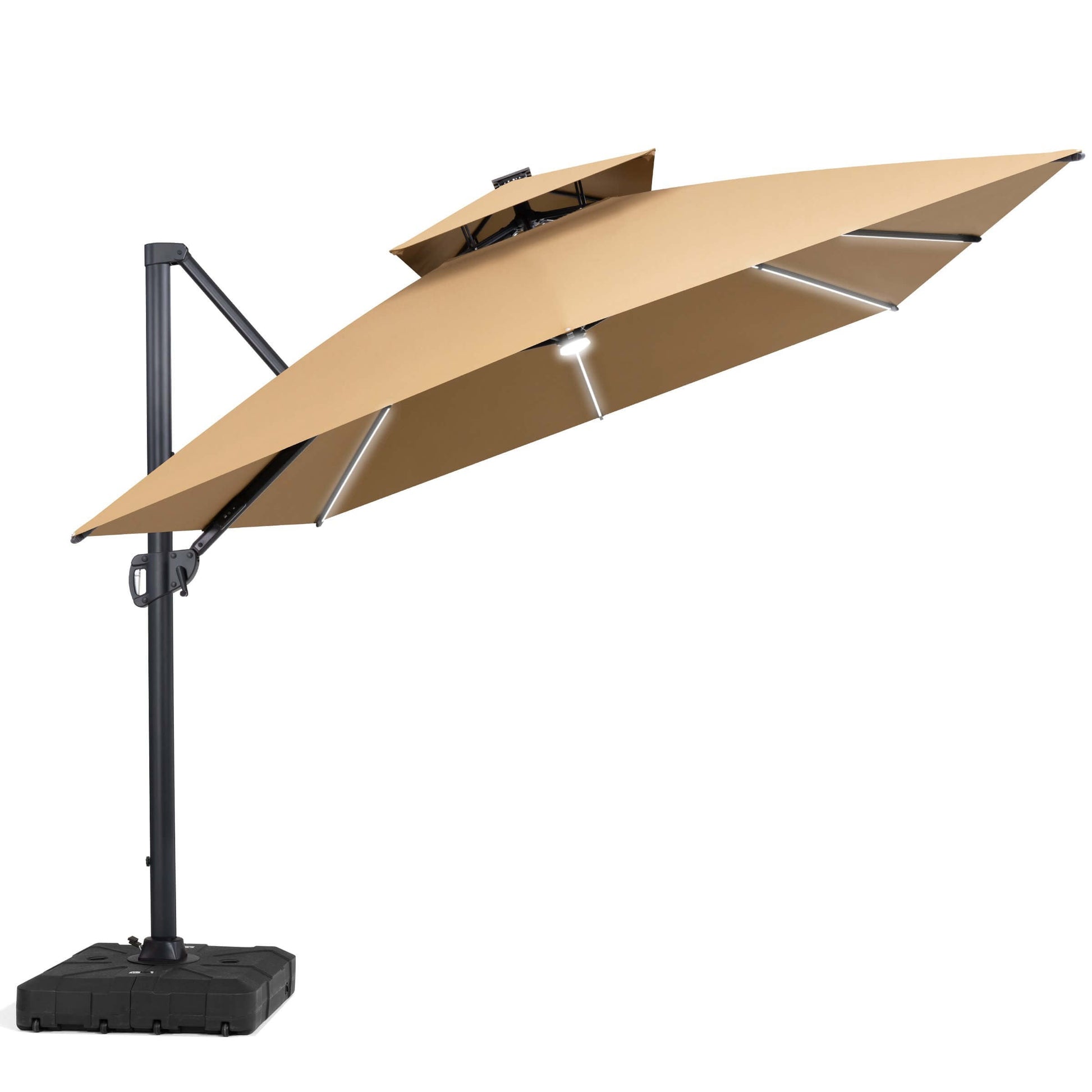 Beige square double-top cantilever patio umbrella with built-in LED lights, tilt mechanism, and heavy-duty rolling base.