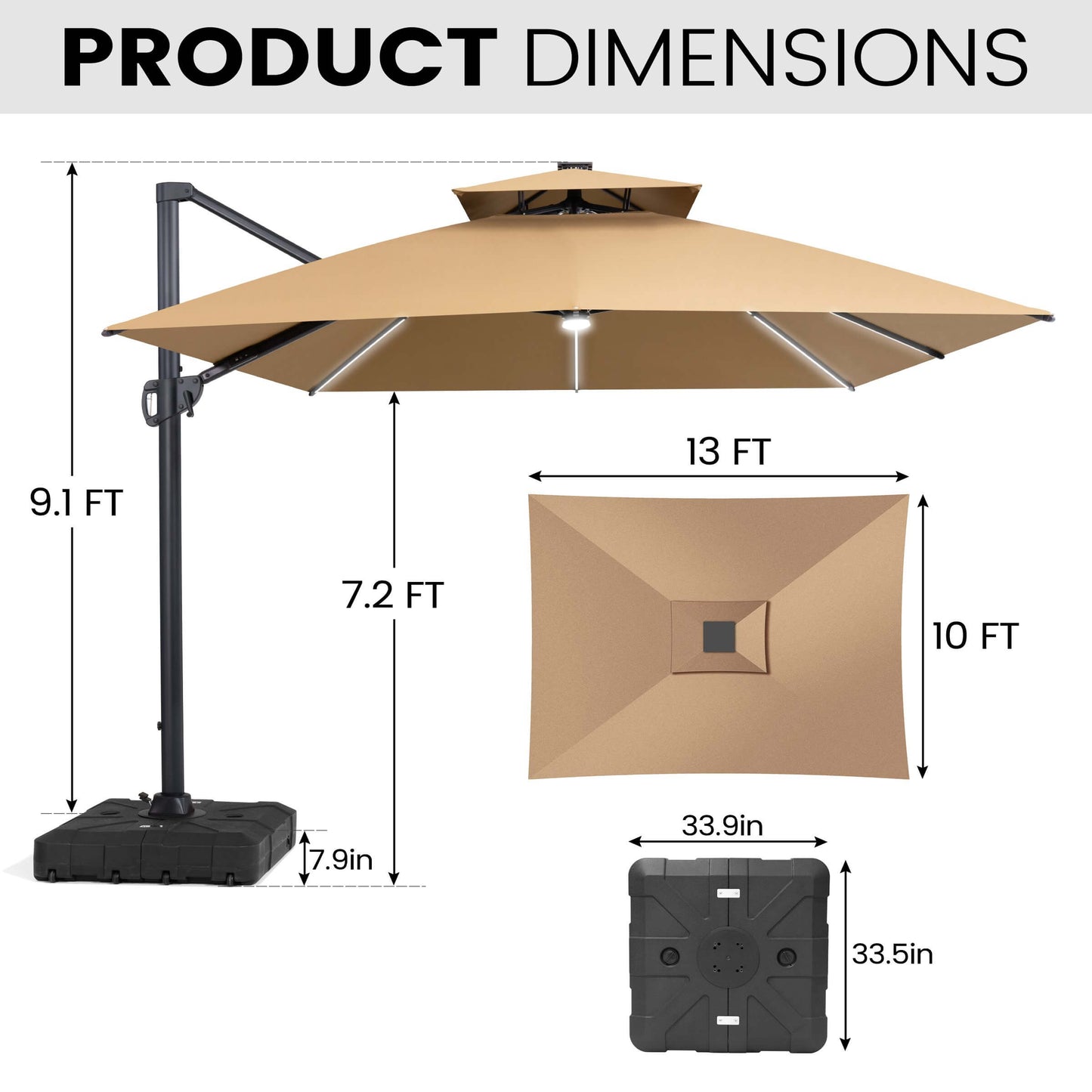 Product dimensions for a 10x13 FT beige cantilever patio umbrella, showing canopy size, height, and rolling base.